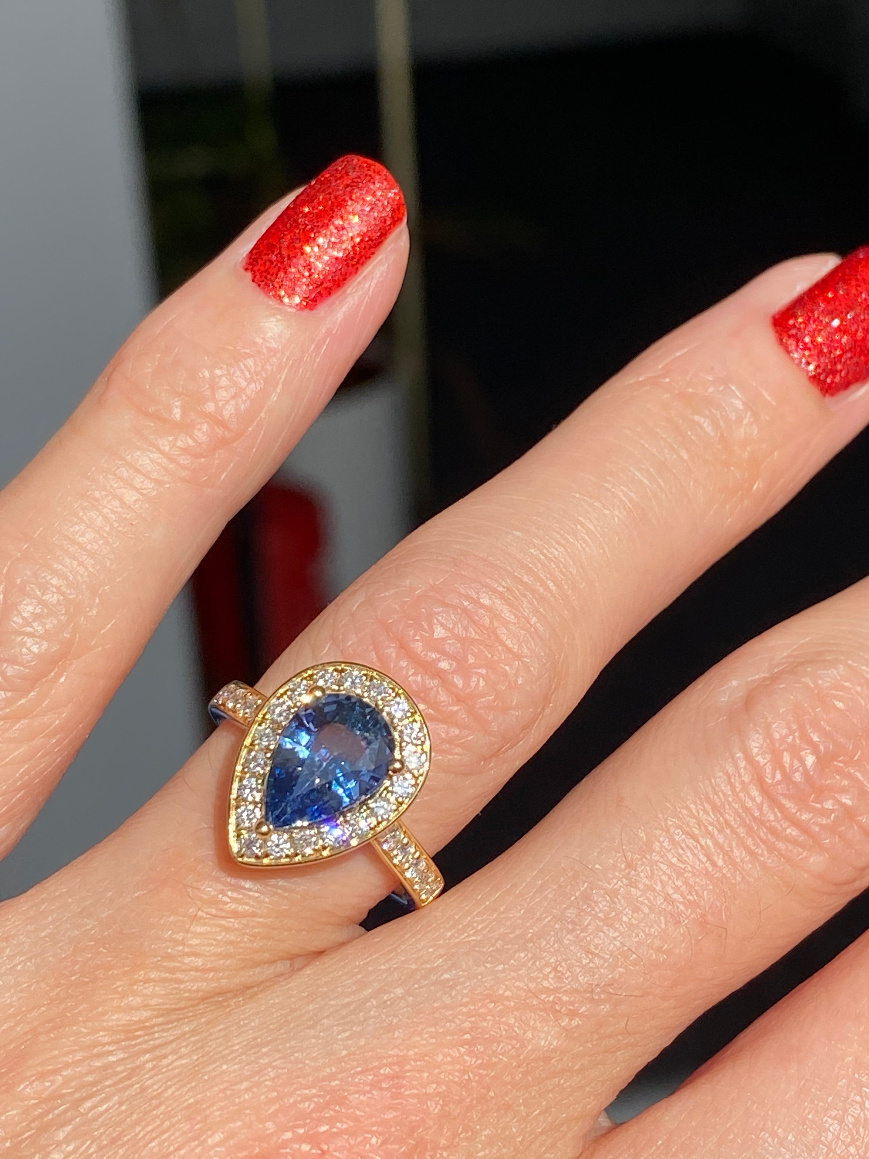 2.07 Carat Pear Cut Teal Sapphire and 0.48 CTW Natural Diamond Ring in 18ct Yellow Gold