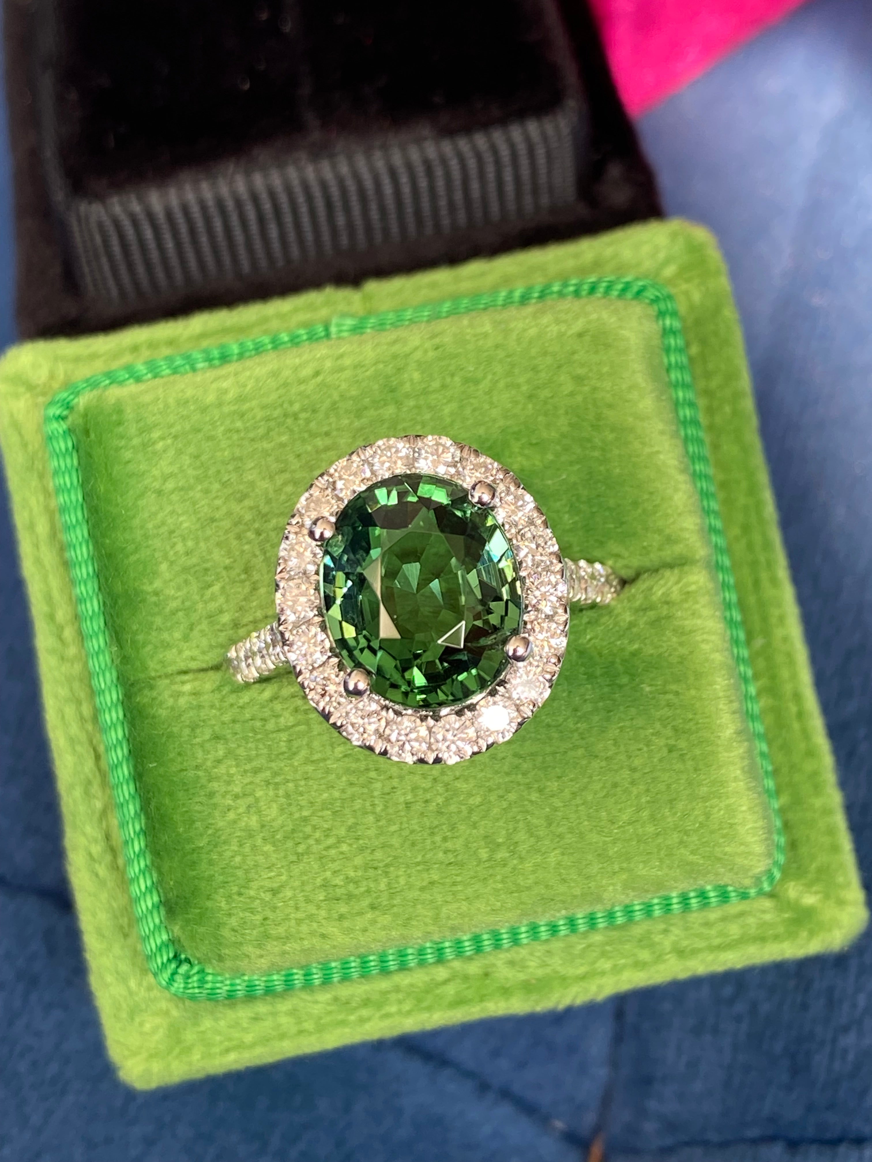 5.45 CTW Green Tourmaline and Natural Diamond Halo Ring in Platinum