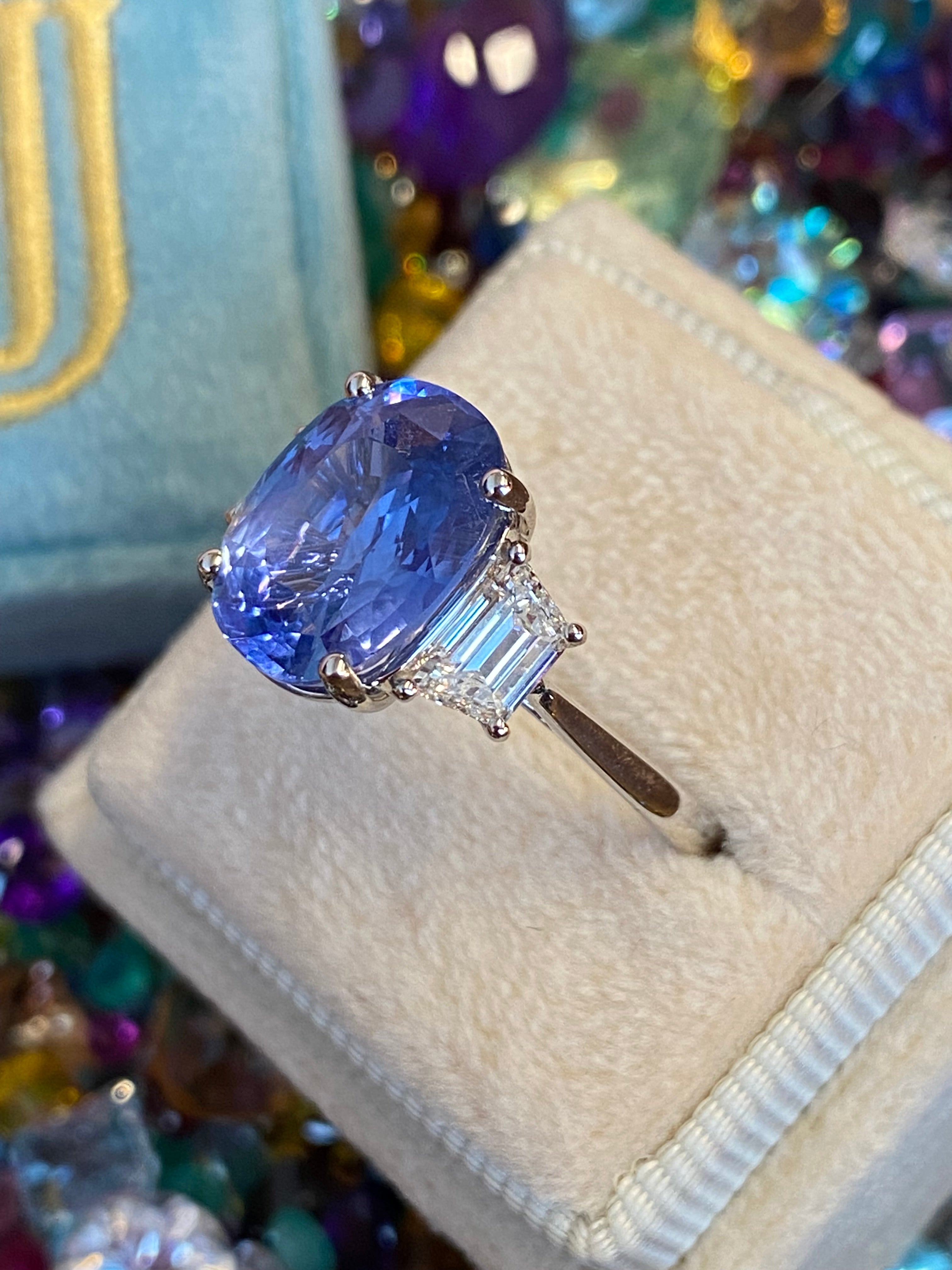 6.25 Carat Unheated Blue Ceylon Sapphire and 0.95 Carat Diamond Ring