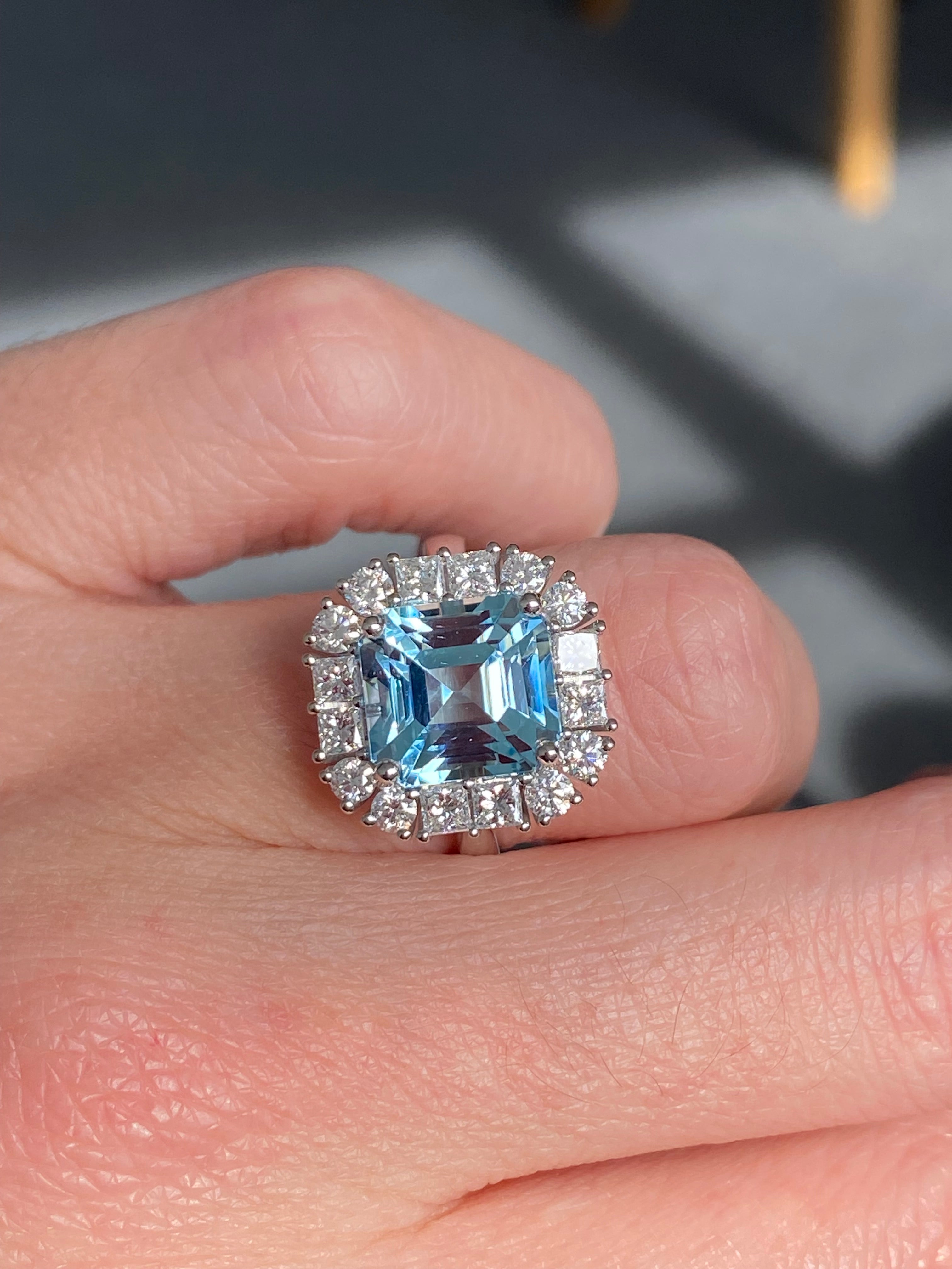 6.11 CTW Emerald Cut Aquamarine and Natural Diamond Halo Engagement Ring in Platinum