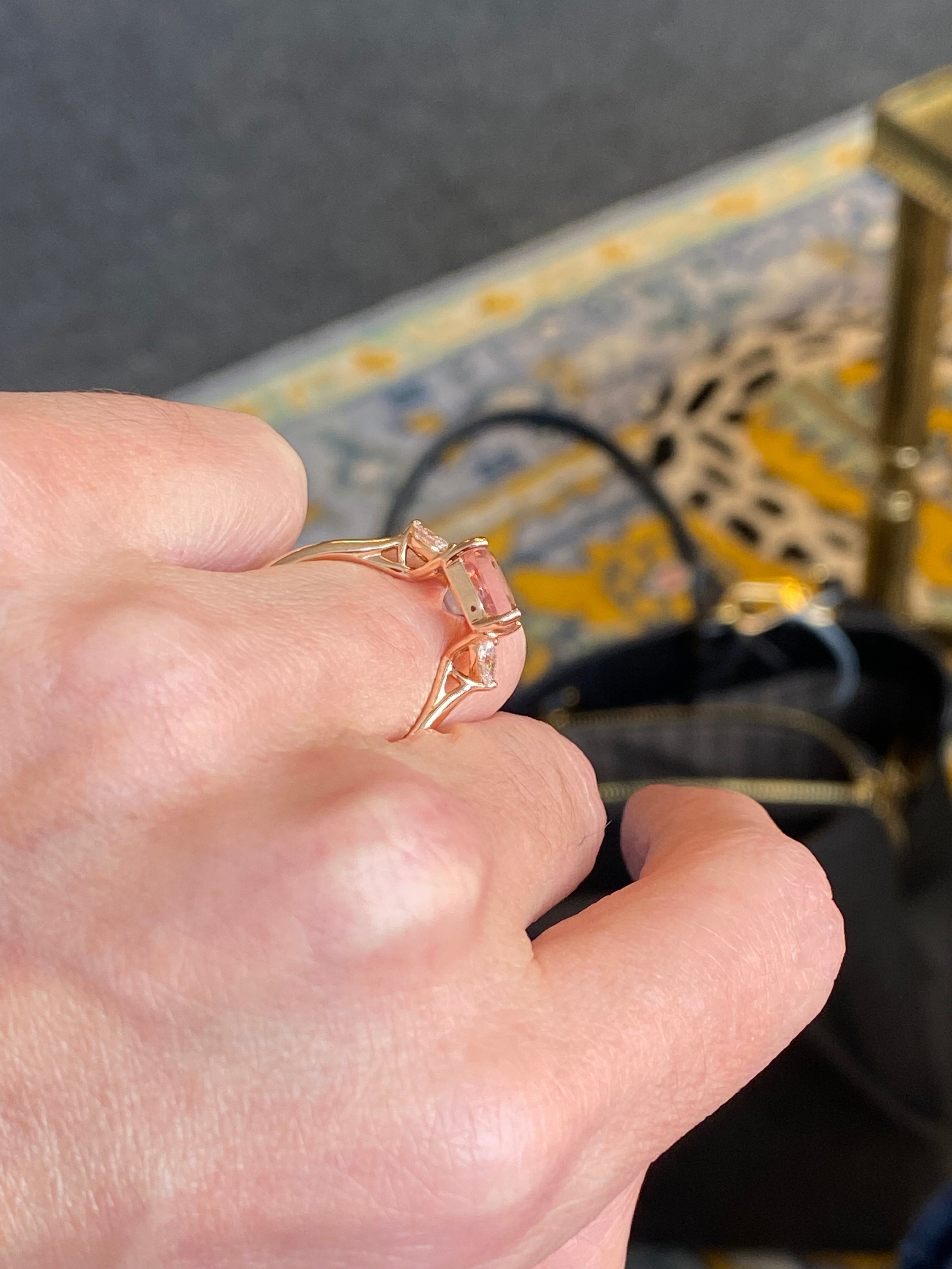 3.25 CTW Emerald Cut Morganite and Diamond Three Stone Engagement Ring in 18ct Rose Gold