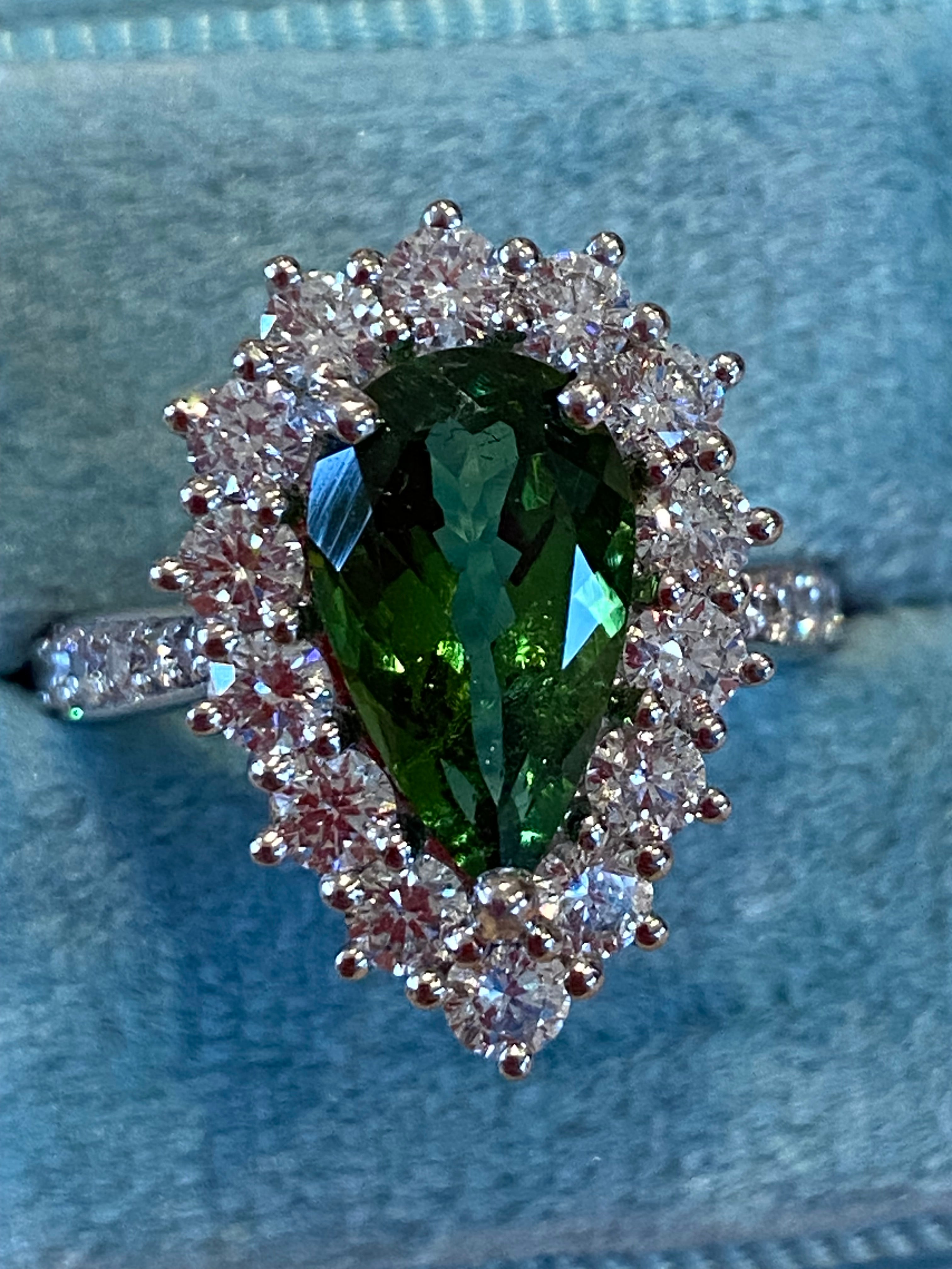 3.97 CTW Pear Cut Green Tourmaline and Natural Diamond Ring in Platinum