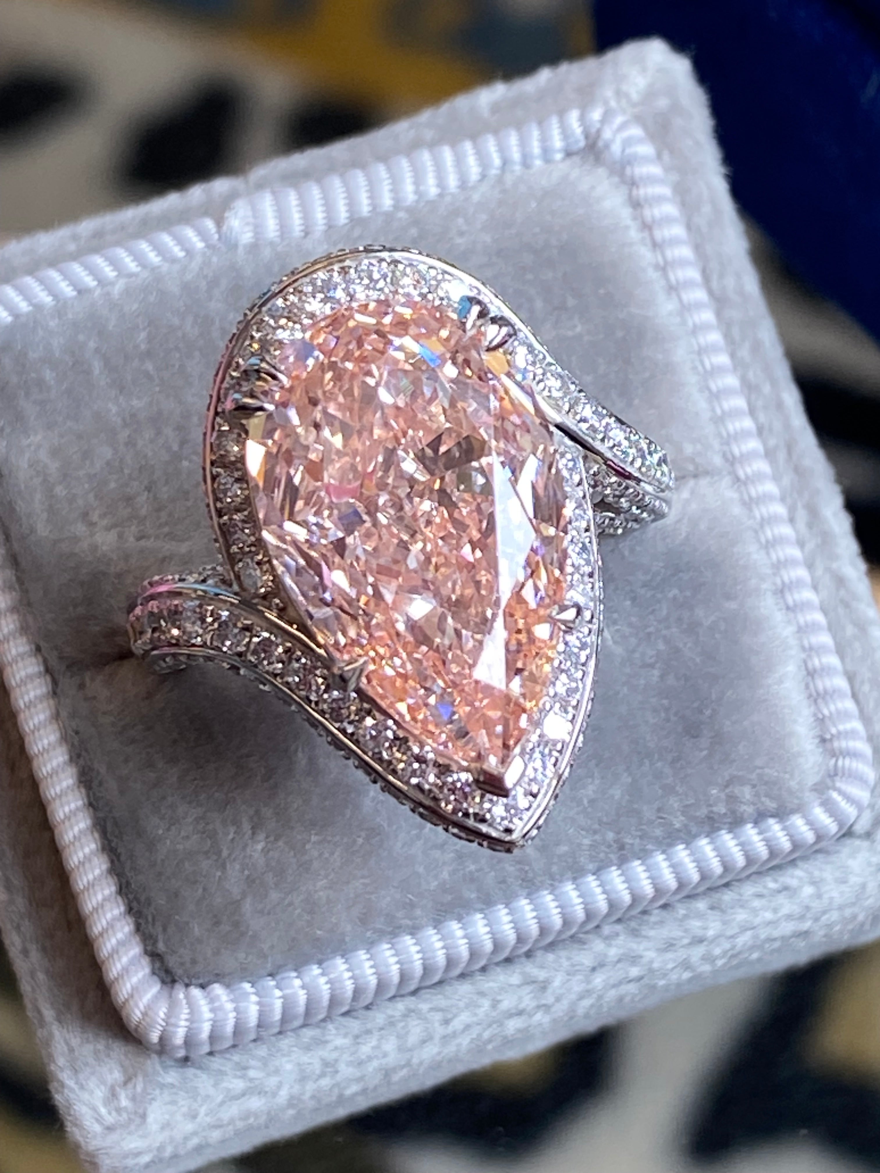 10.45 Carat Fancy Pink Pear Cut + 1.35ctw Lab Diamond Engagement Ring in Platinum