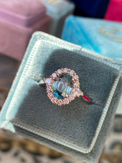1.78 Carat Blue Zircon and Natural Diamond Halo Ring in Platinum