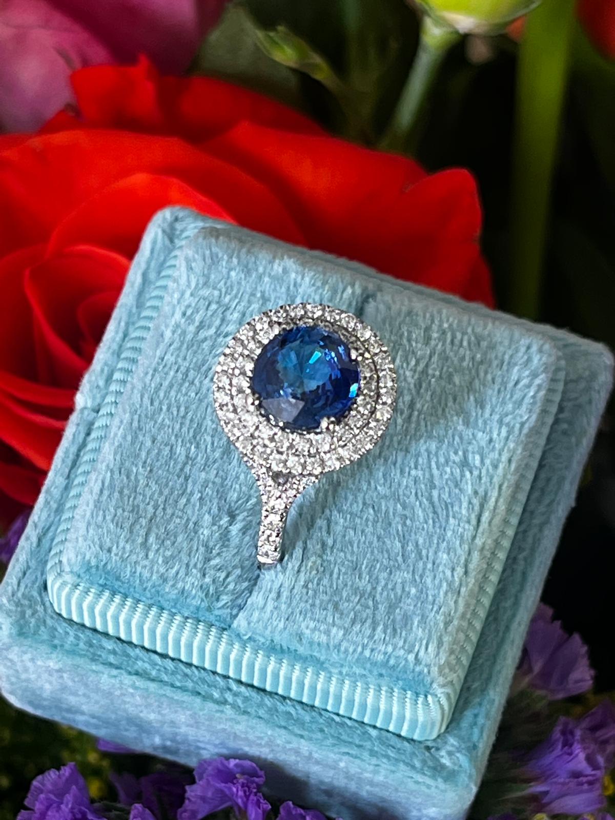 2.56 CTW Blue Ceylon Sapphire and Natural Diamond Double Halo Ring in Platinum