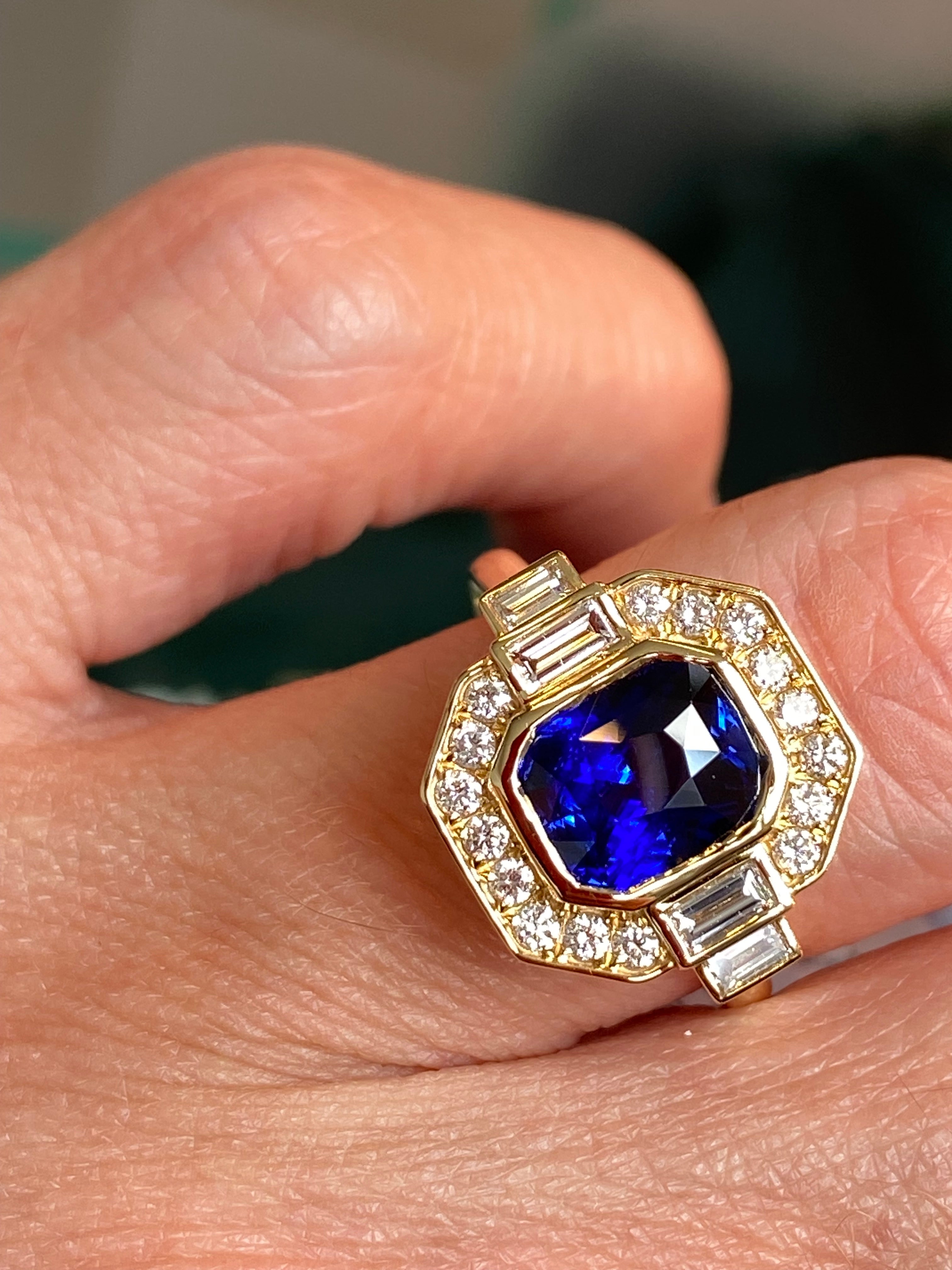2.28 Carat Cushion Cut Ceylon Sapphire and Natural Diamond Ring in 18ct Yellow Gold