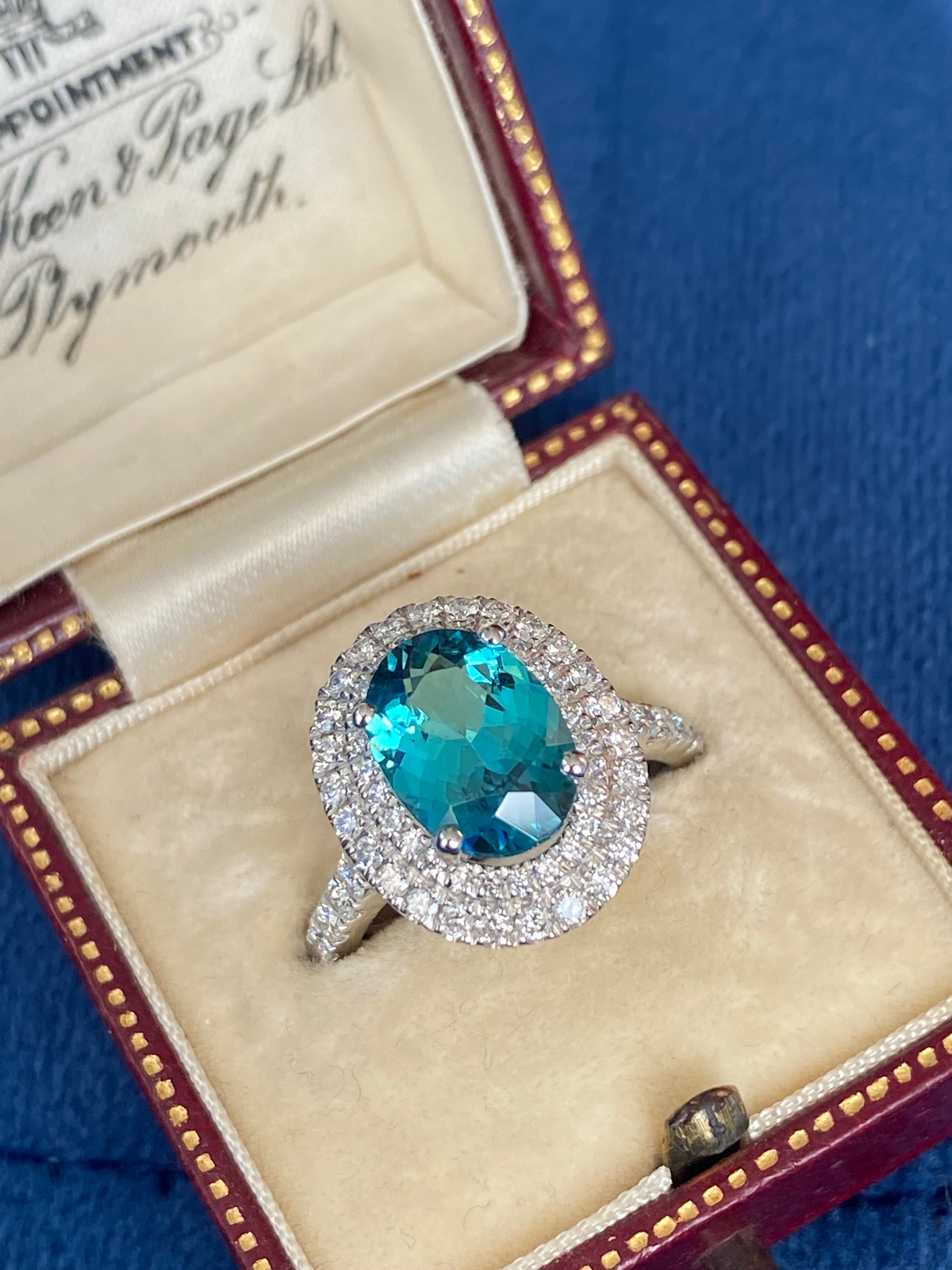 2.43 Carat Lagoon Tourmaline and Natural Diamond Double Halo Ring in Platinum