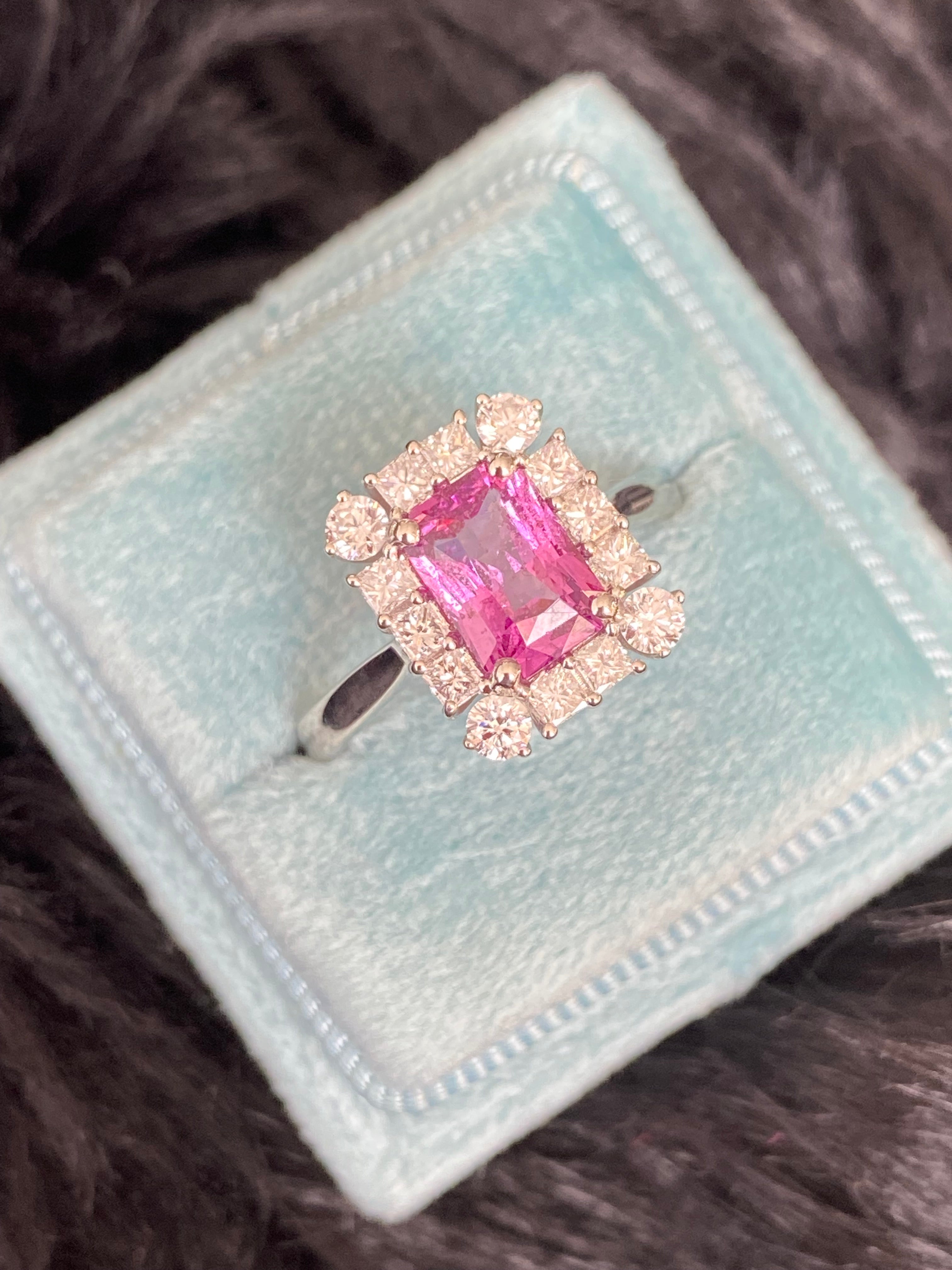 2.22 CTW Radiant Cut Pink Sapphire and Natural Diamond Halo Ring in Platinum