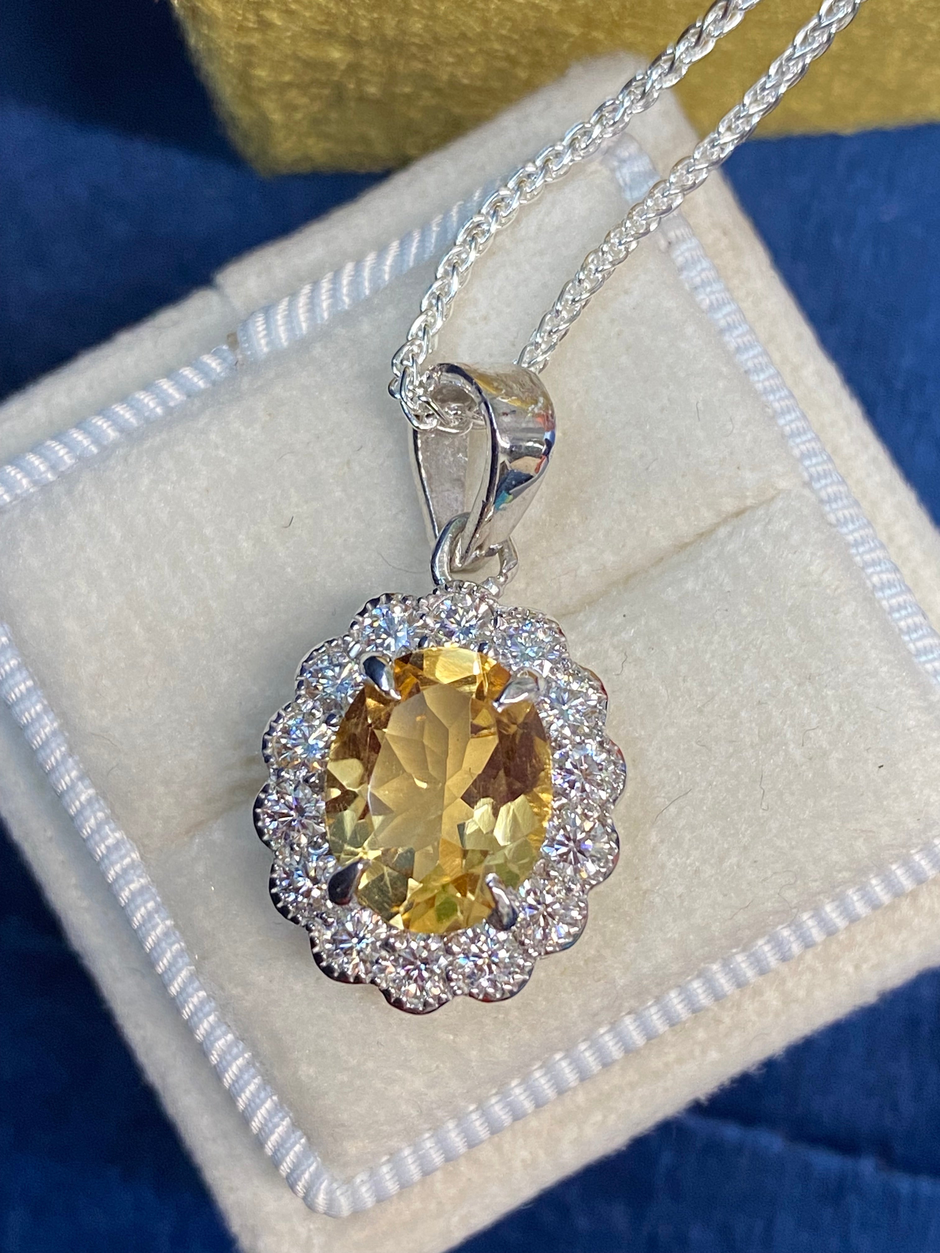 5.00 CTW Citrine and Moissanite Halo Pendant Necklace in Sterling Silver