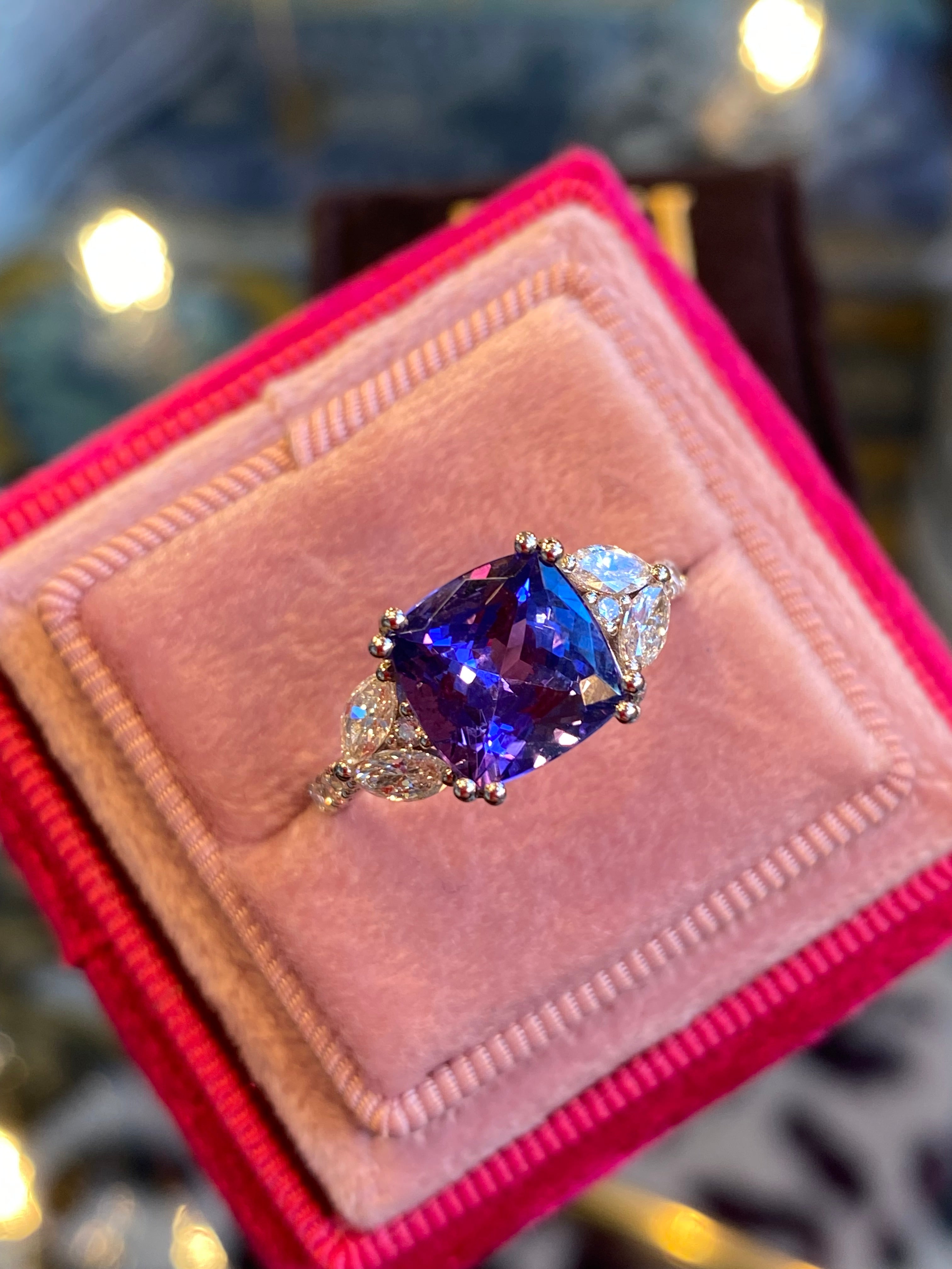 3.76 CTW Cushion Cut Tanzanite and Diamond Ring in Platinum