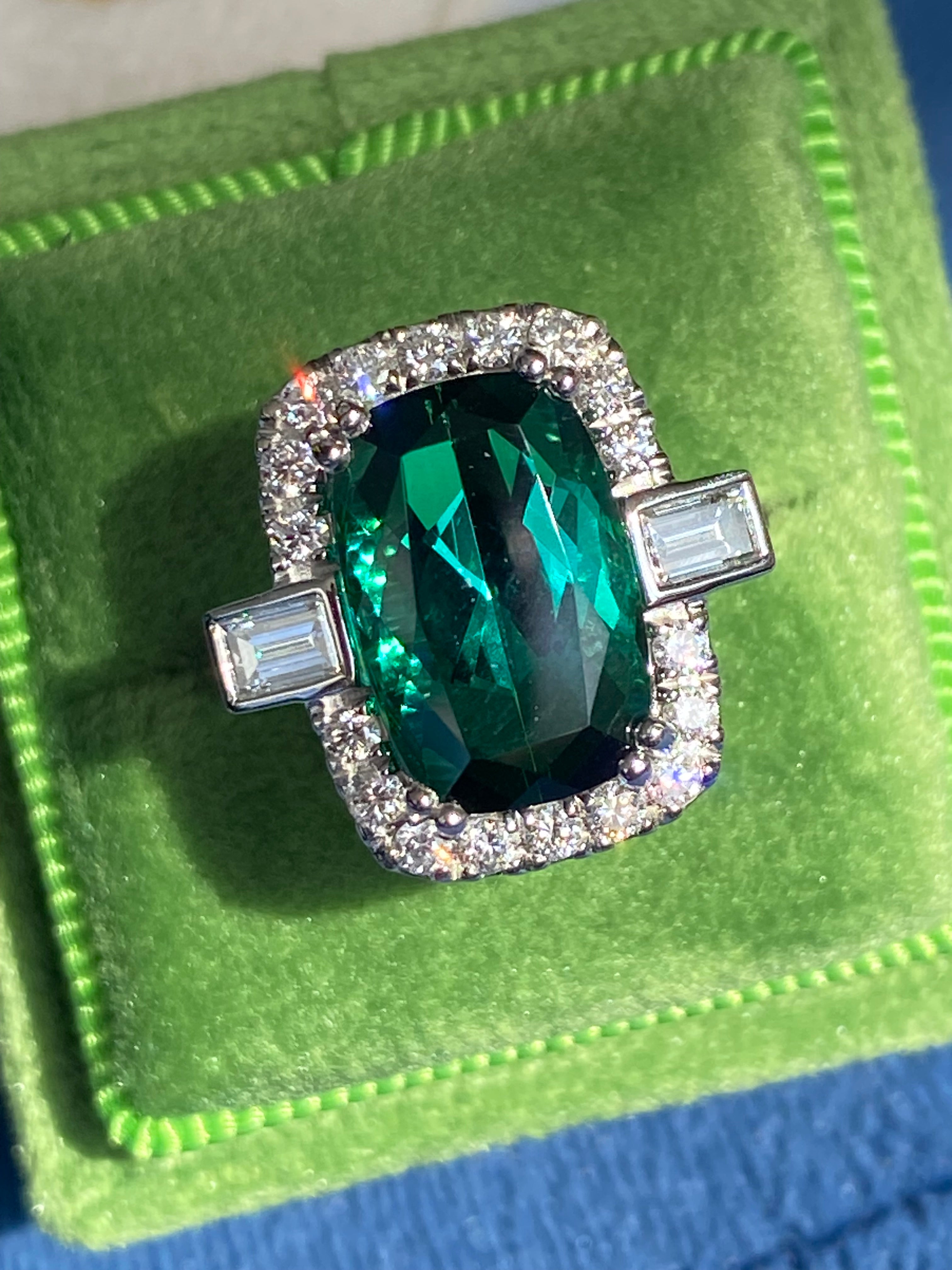 6.35 CTW Cut Teal Tourmaline and Natural Diamond Ring in Platinum