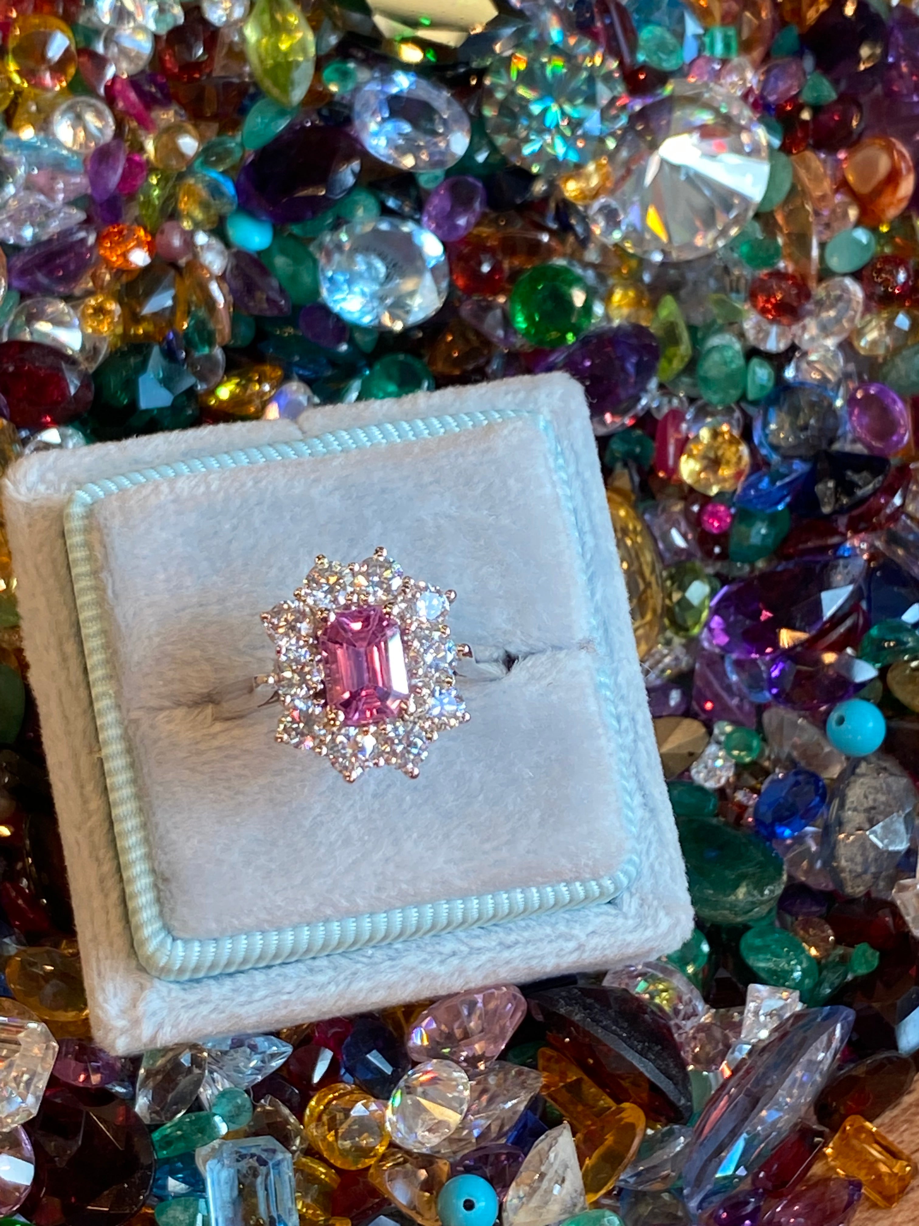 2.33 CTW Emerald Cut Pink Sapphire and Natural Diamond Halo Ring in Platinum