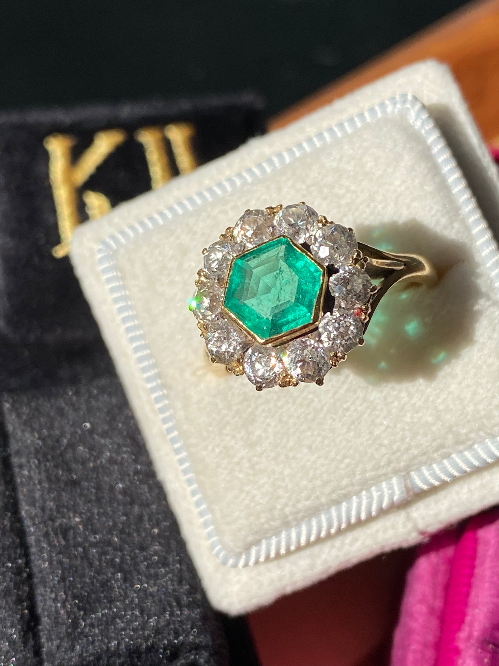 3.00 CTW Colombian Emerald and Old Cut Diamond Halo Ring in 18ct Yellow Gold