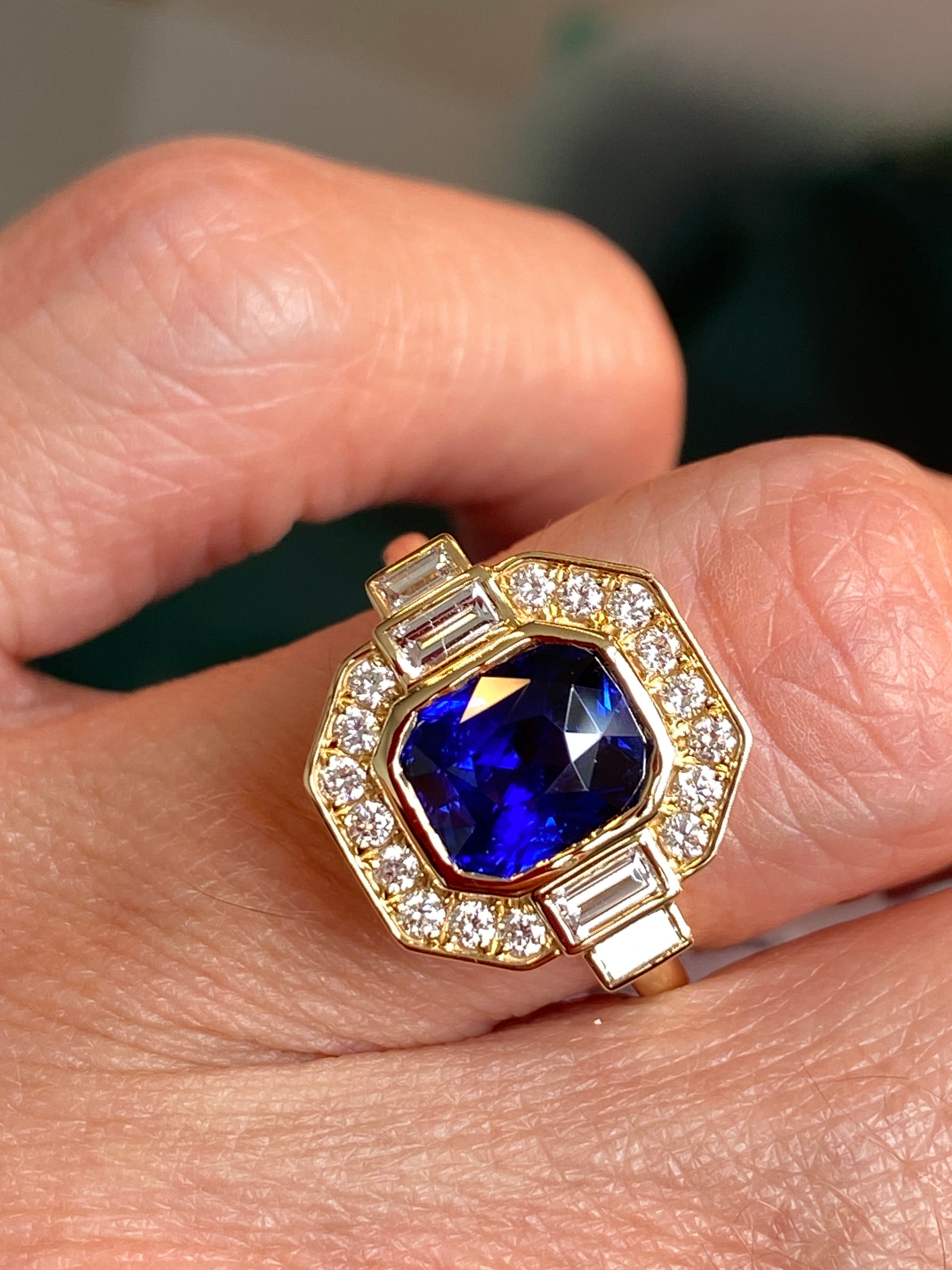 2.28 Carat Cushion Cut Ceylon Sapphire and Natural Diamond Ring in 18ct Yellow Gold