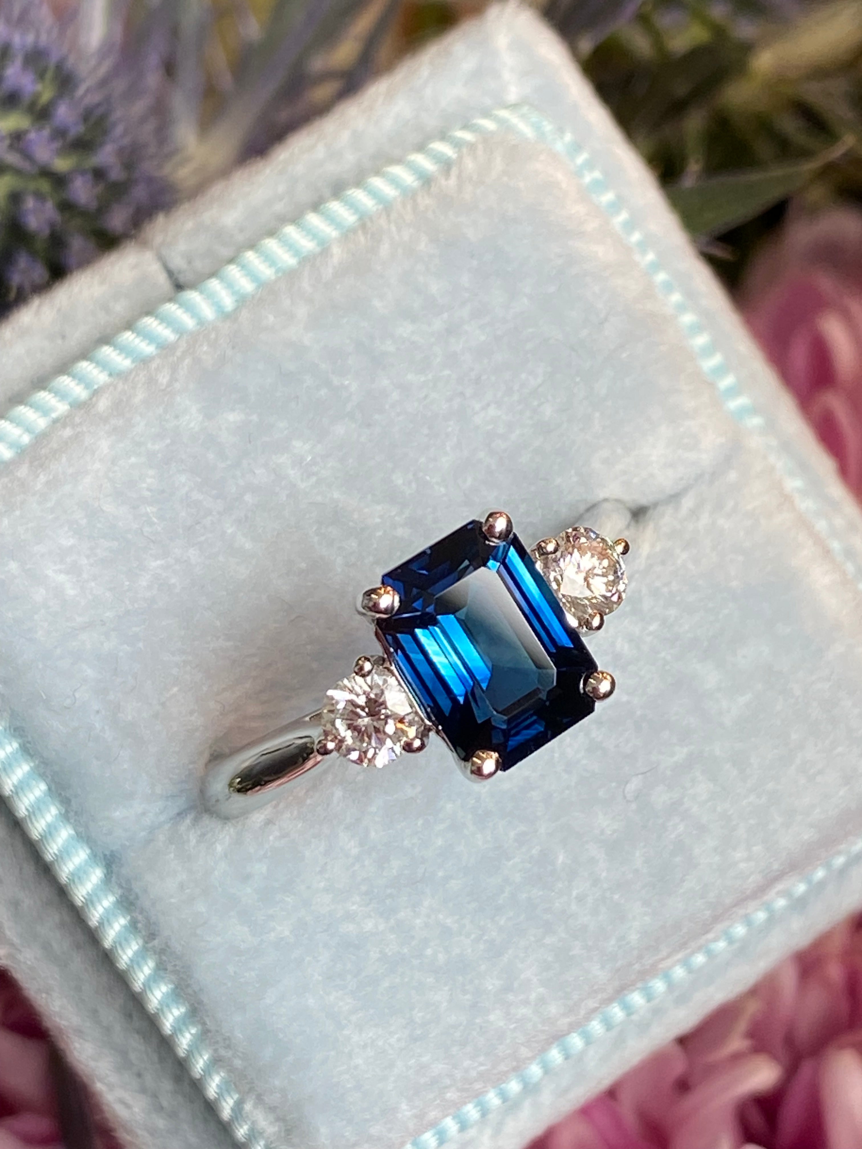 2.04 Carat Teal Sapphire and 0.29 CTW Natural Diamond Three Stone Ring in Platinum