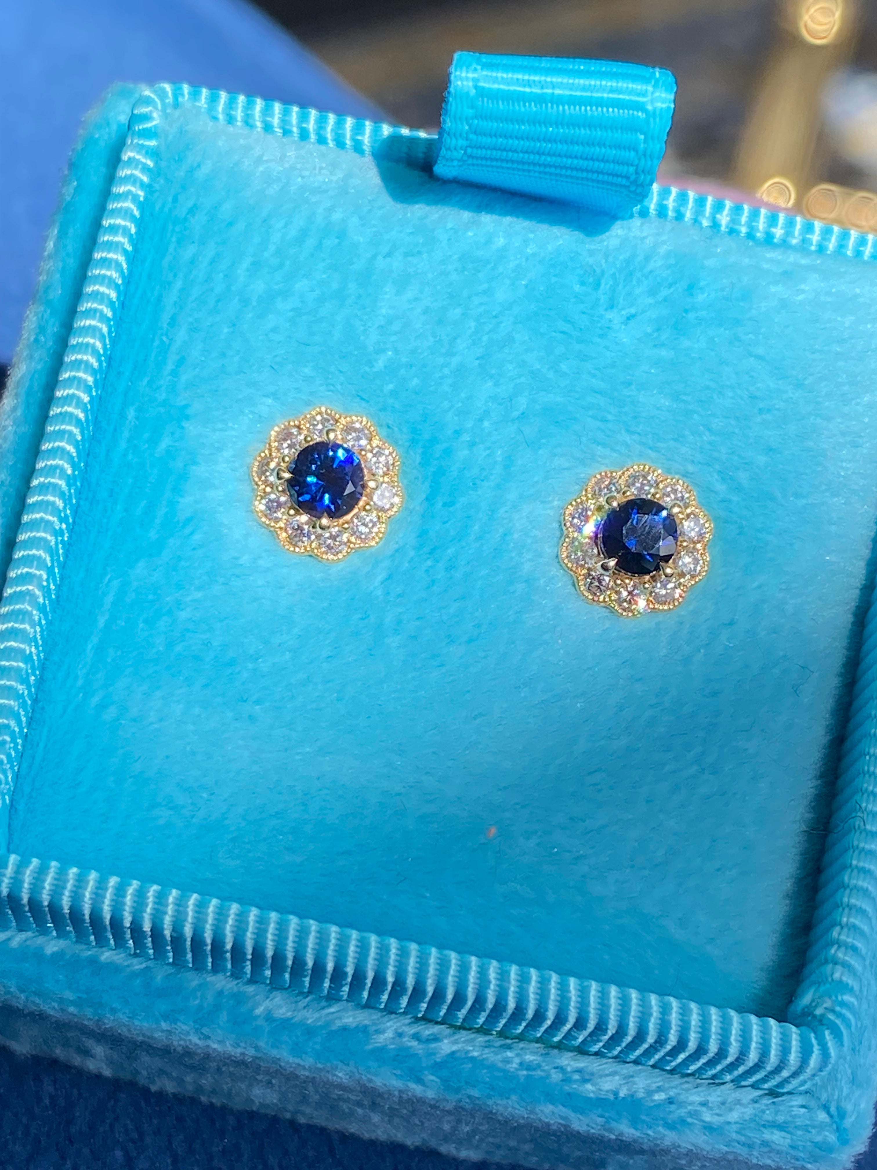 Sapphire and Natural Diamond Halo Stud Earrings in 18ct Yellow Gold