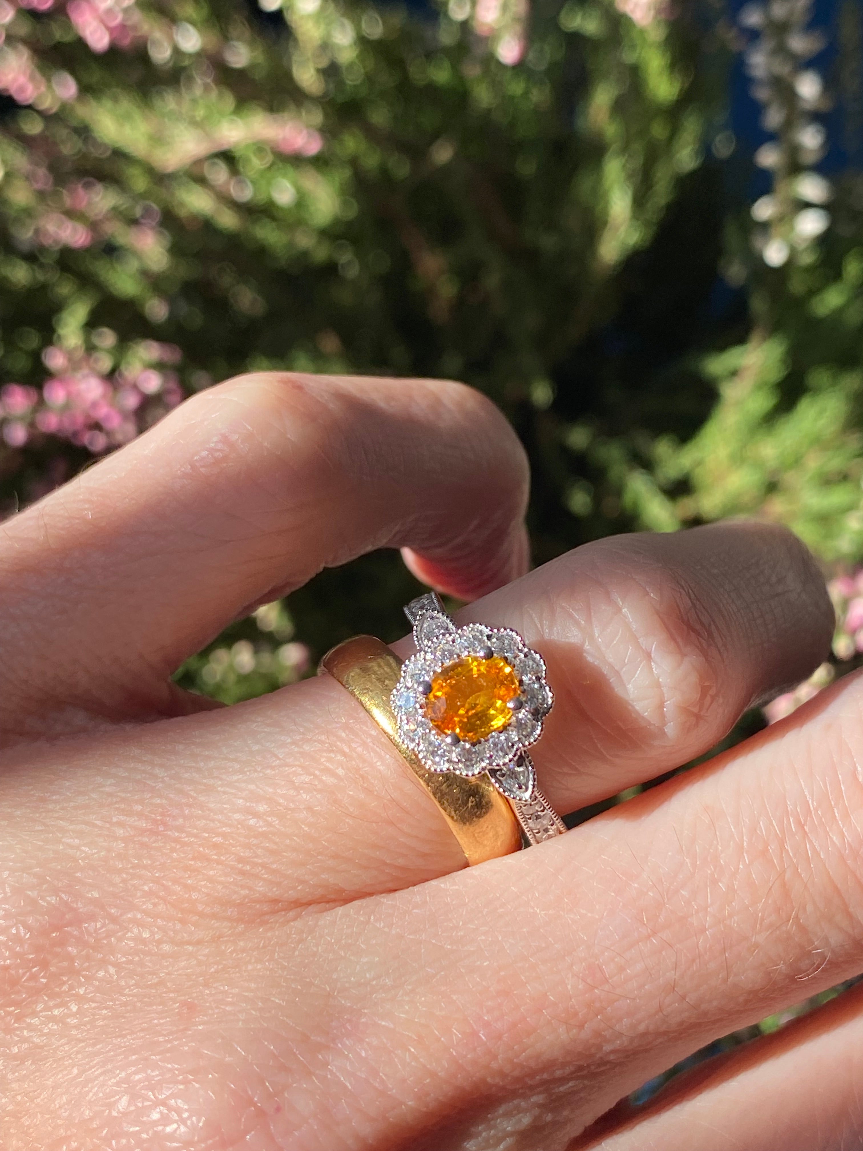 1.20ctw Orangey Yellow Sapphire and Natural Diamond Halo Ring in Platinum
