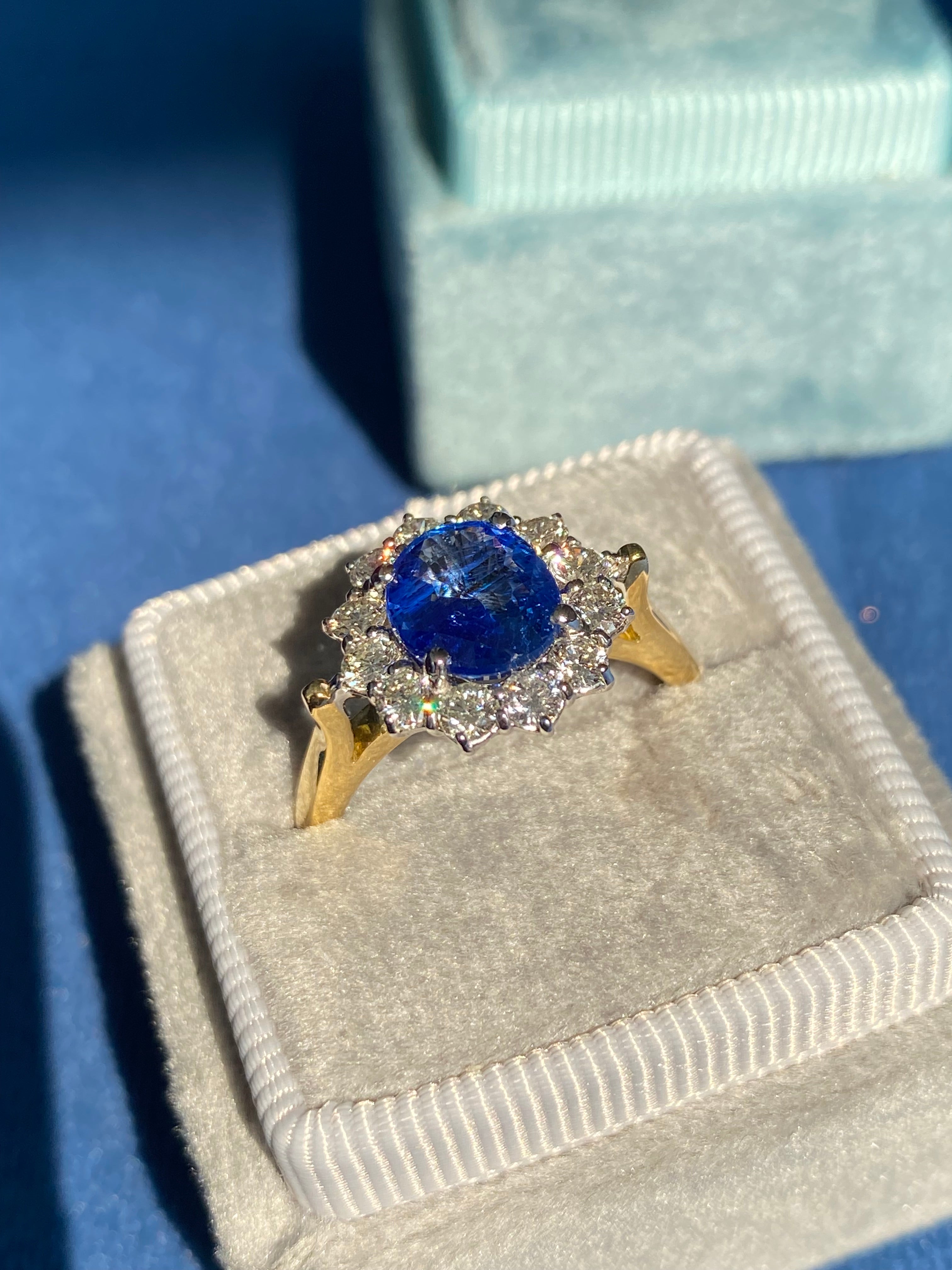 3.31 CTW Ceylon Sapphire and Natural Diamond Halo Ring in 18ct Gold