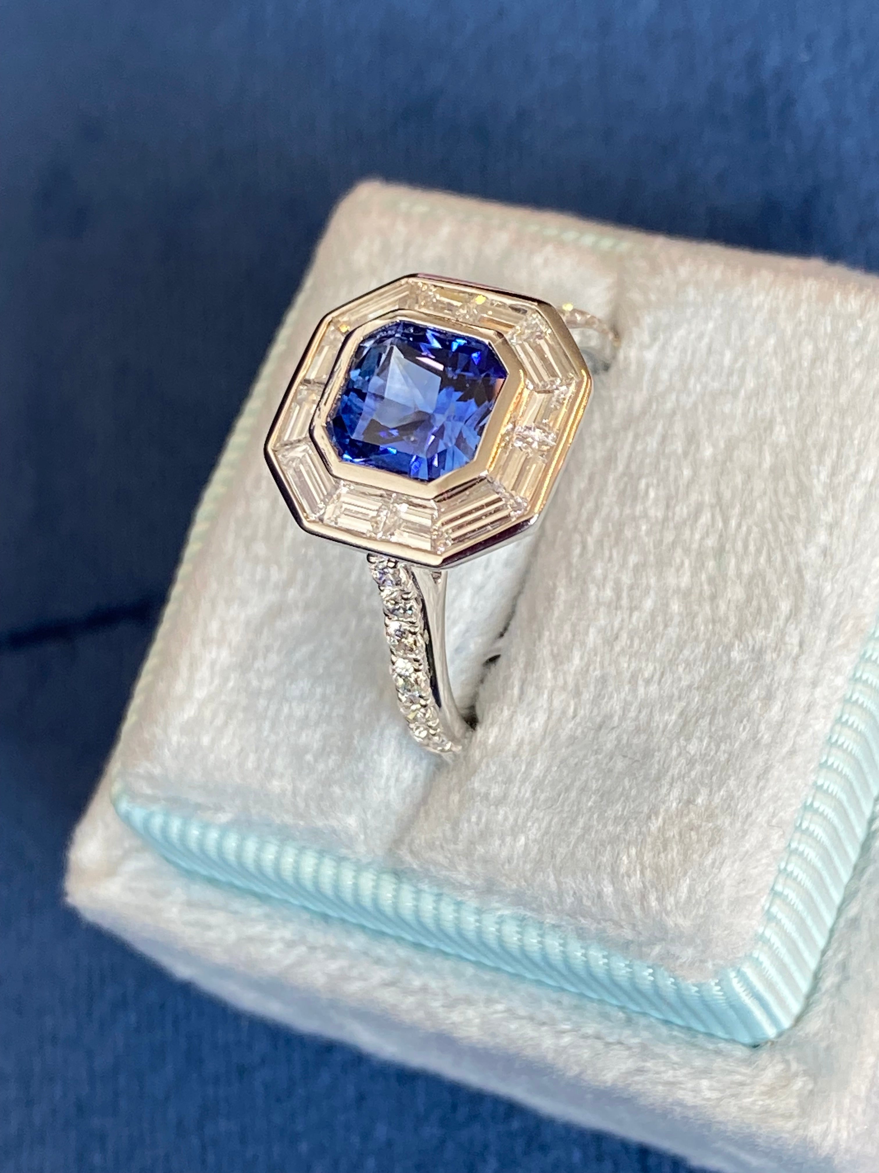 2.10 Carat Blue Ceylon Sapphire and 1.09 CTW Natural Diamond Halo Ring in Platinum