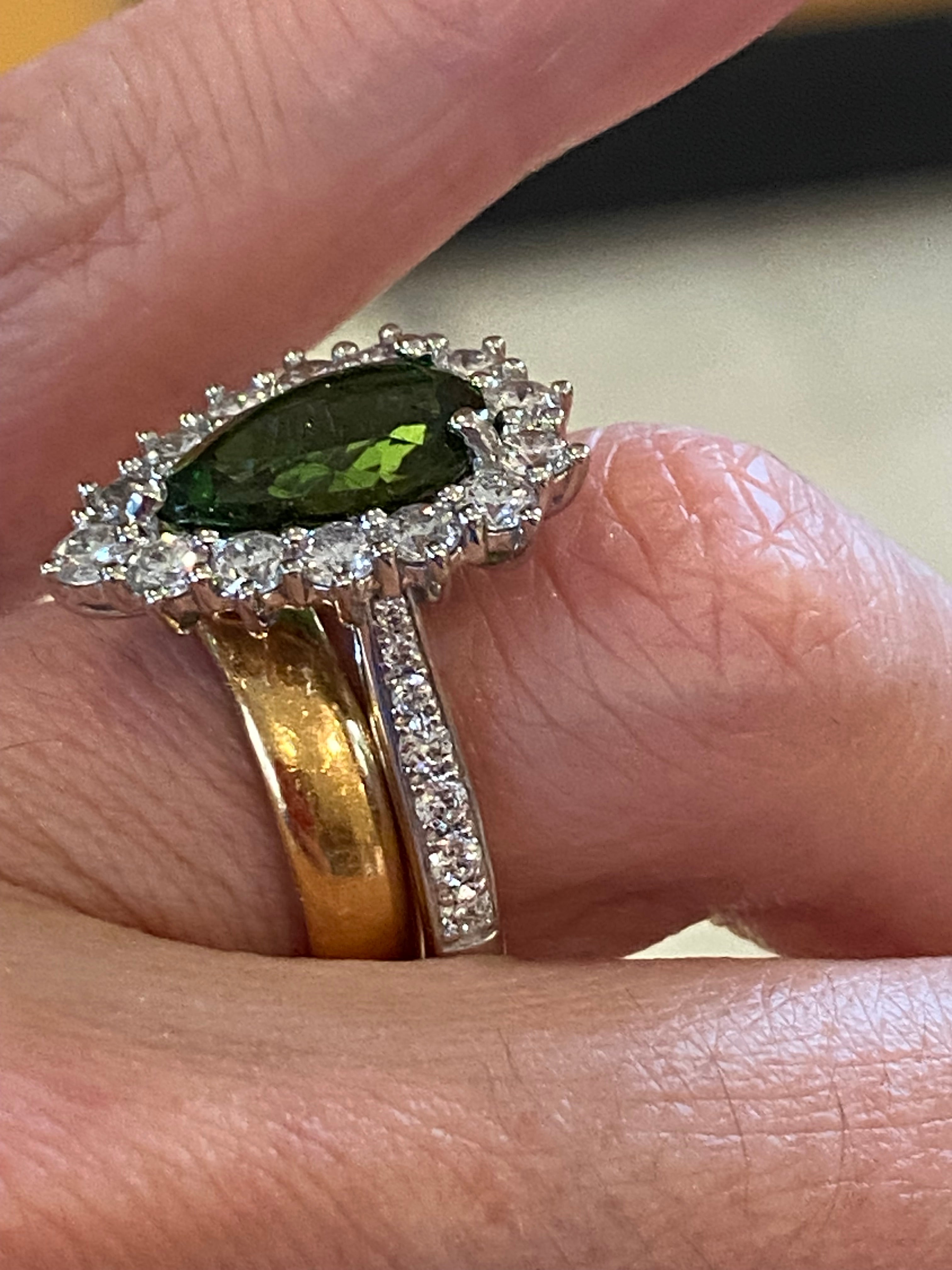 3.97 CTW Pear Cut Green Tourmaline and Natural Diamond Ring in Platinum