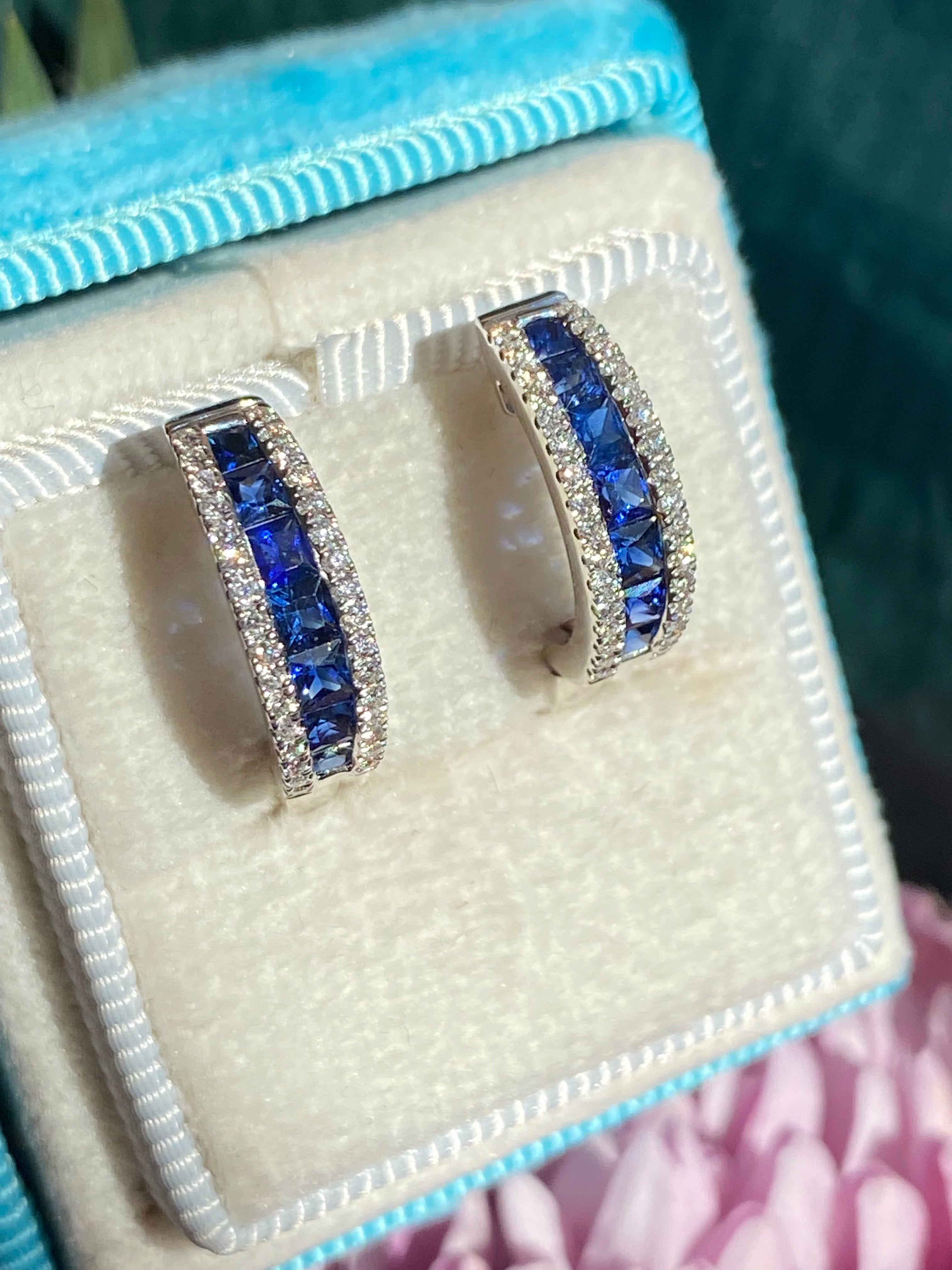 1.25 CTW Sapphire and Natural Diamond Hoop Earrings in 18ct White Gold