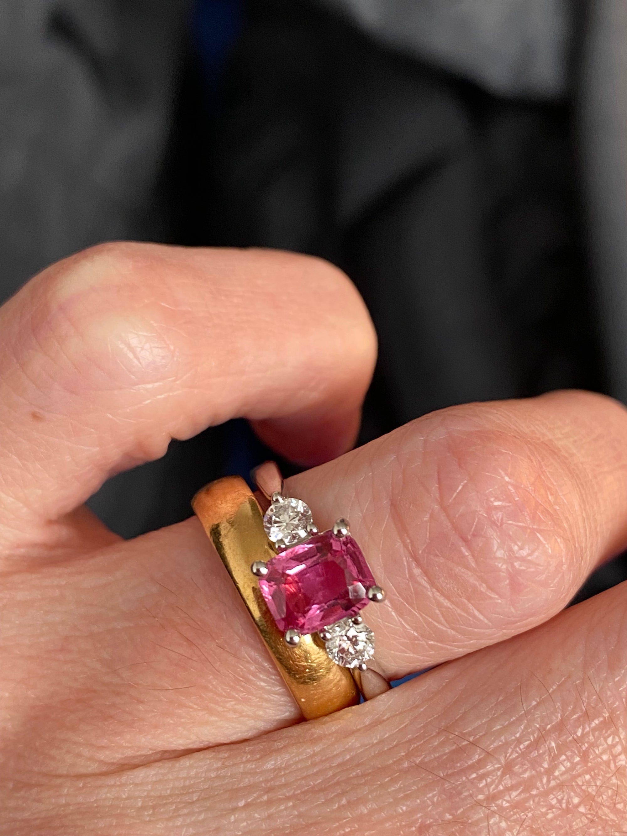 1.52 CTW Cushion Cut Ruby and Natural Diamond Three-Stone Engagement Ring in Platinum