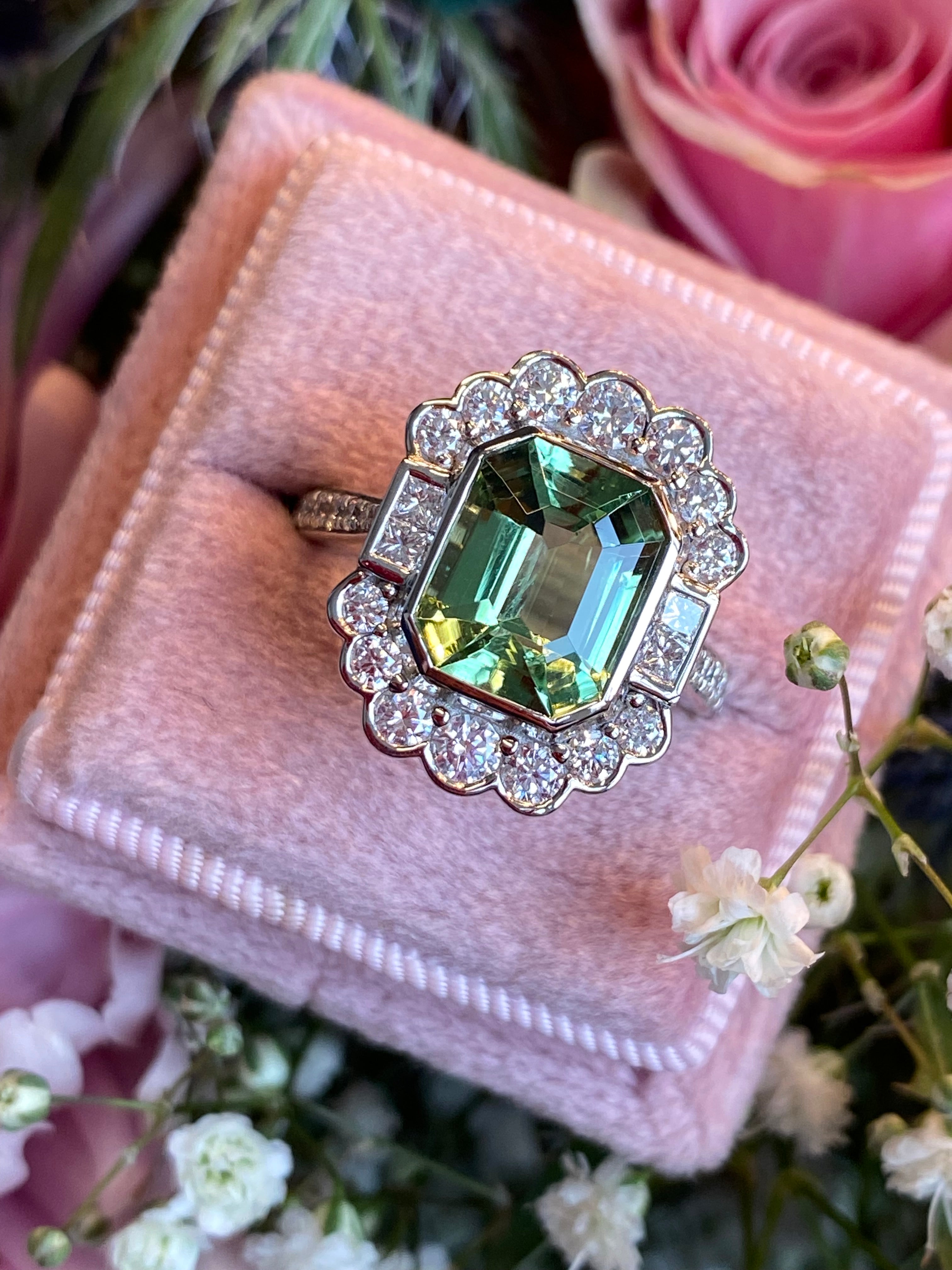 4.01 CTW Emerald Cut Mint Tourmaline and Natural Diamond Ring in Platinum