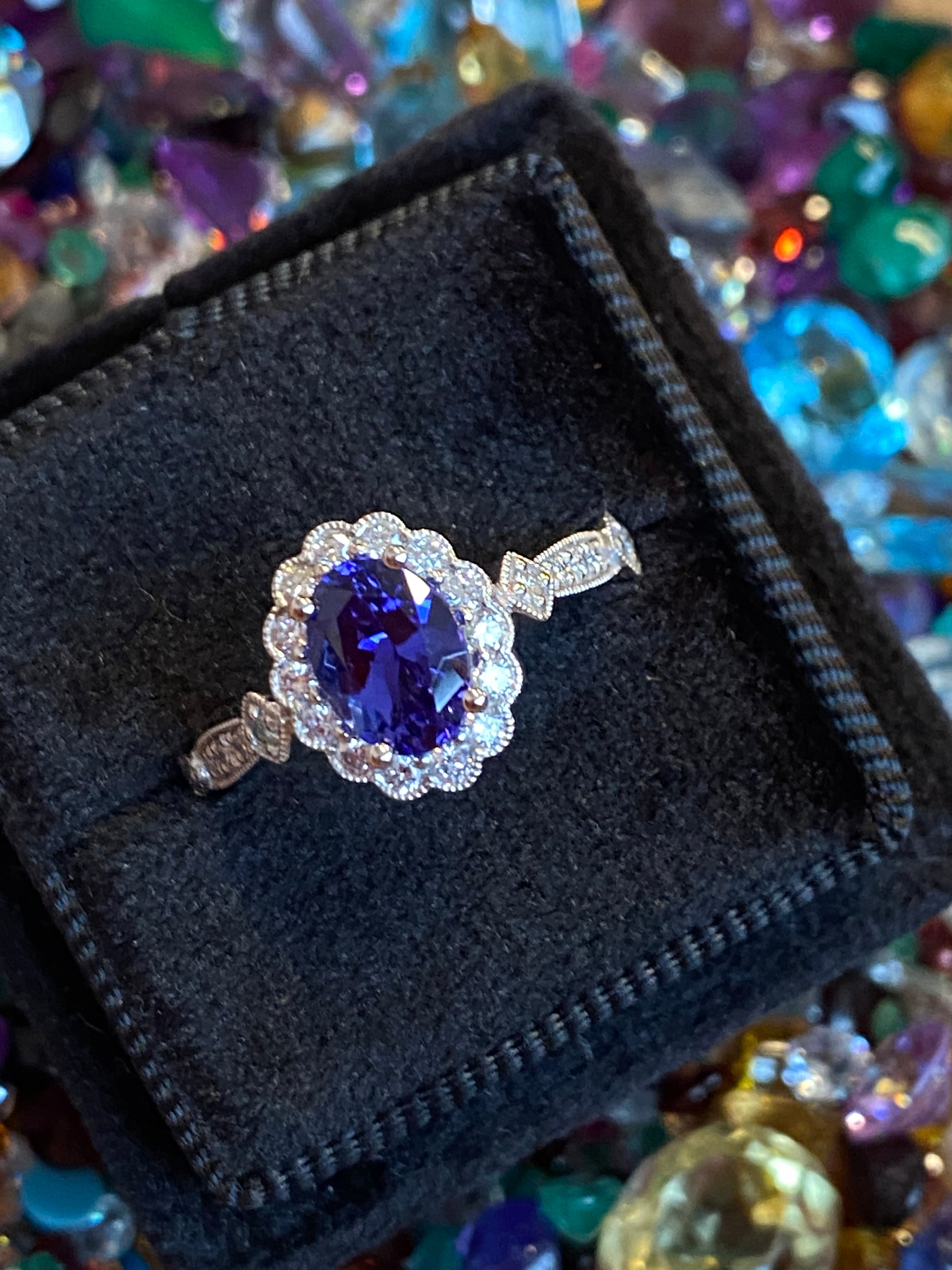 1.44 CTW Tanzanite and Natural Diamond Halo Ring in Platinum