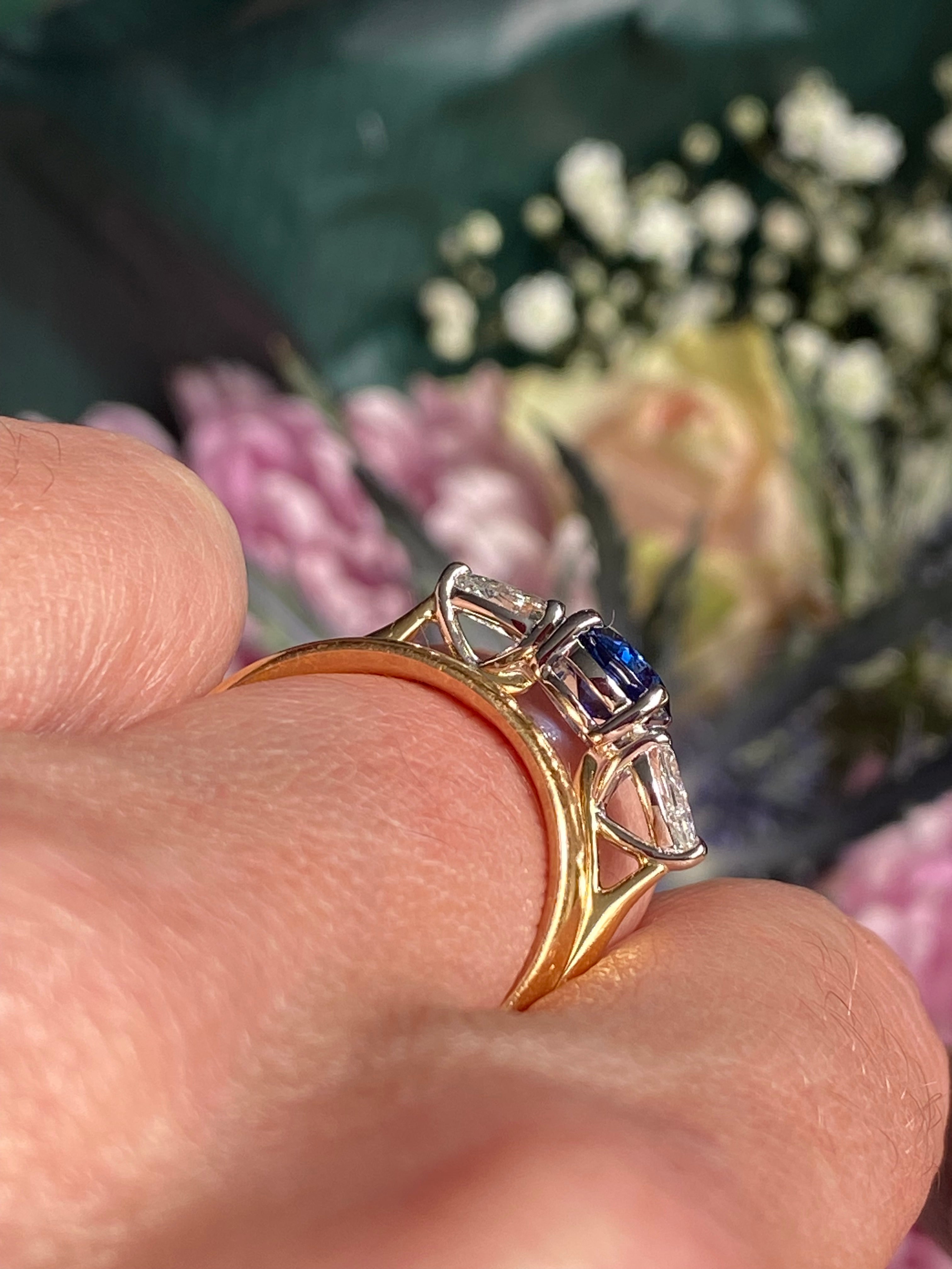 1.52 CTW Blue Ceylon Sapphire and Natural Diamond Three Stone Engagement Ring in Platinum and 18ct Yellow Gold