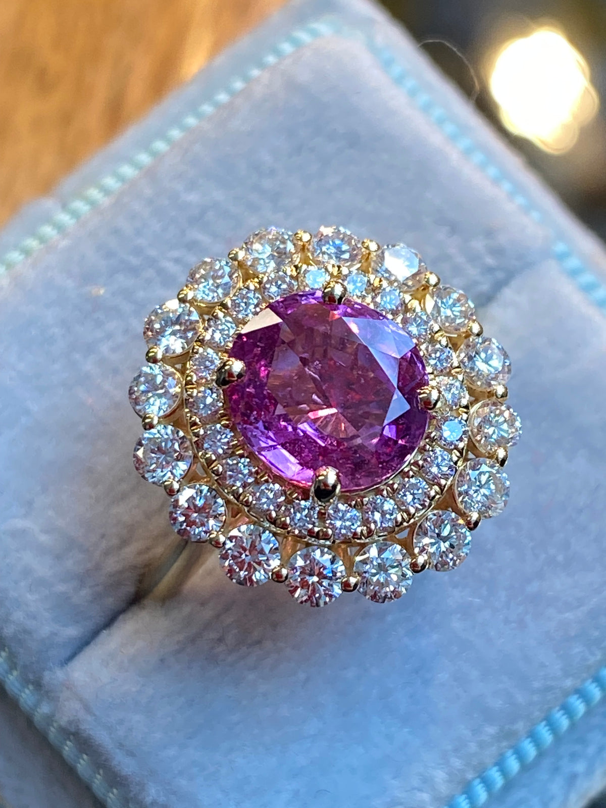 3.45 CTW Round Cut Pink Sapphire and Natural Diamond Halo Engagement Ring in 18ct Yellow Gold