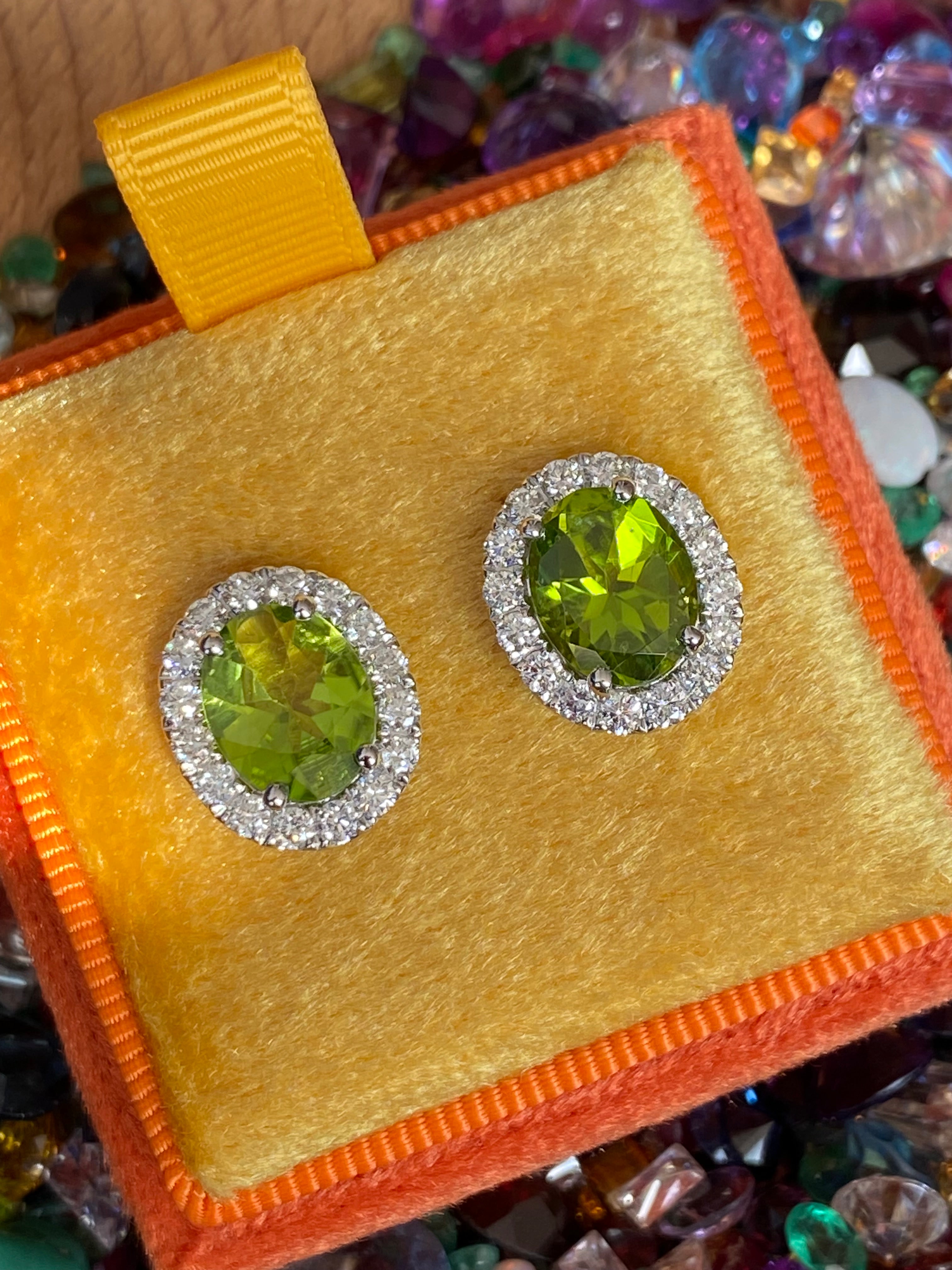 5.63 CTW Peridot and Natural Diamond Stud Earrings in 9ct White Gold