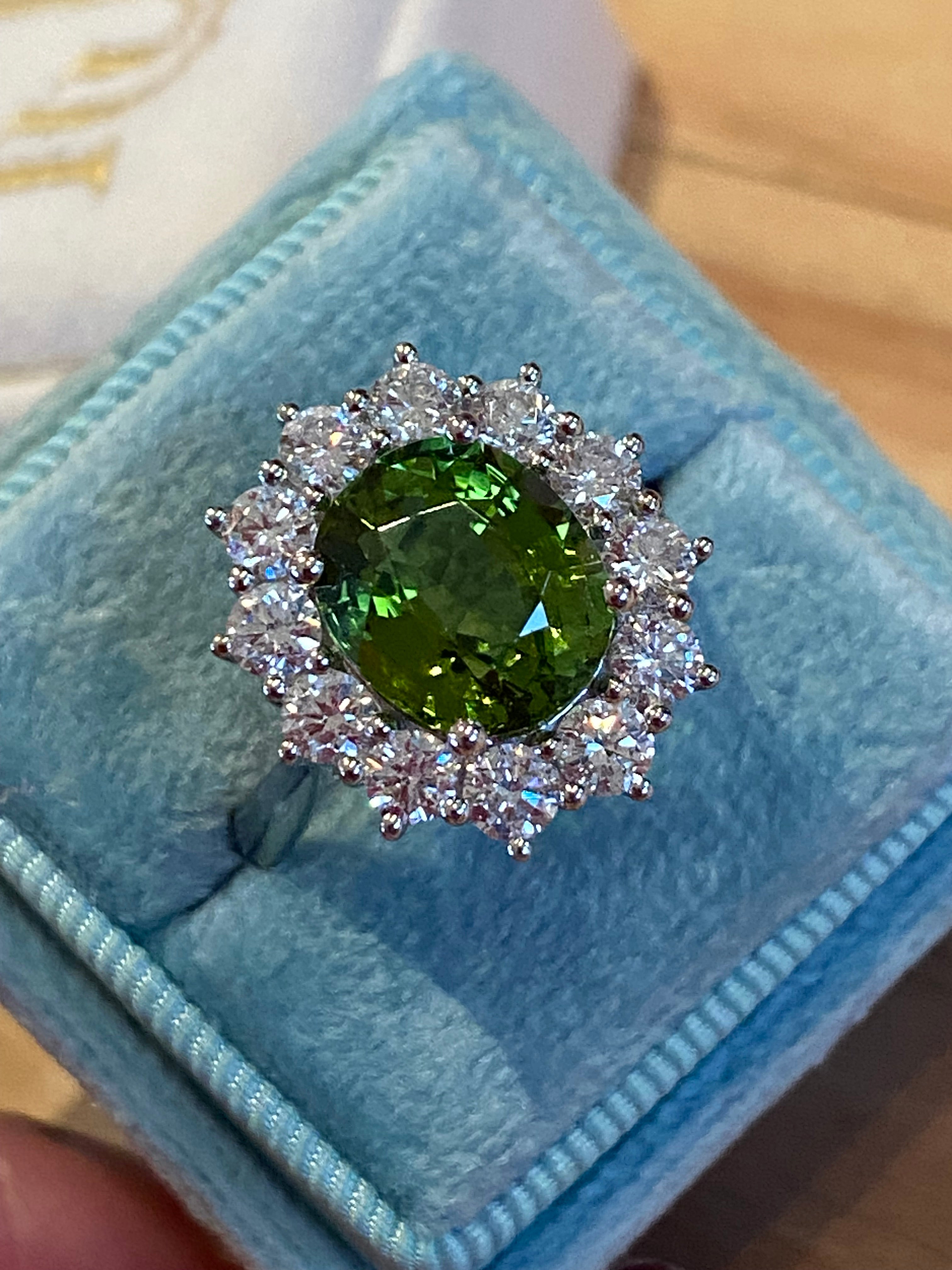 4.99 CTW Green Tourmaline and Natural Diamond Halo Ring in Platinum