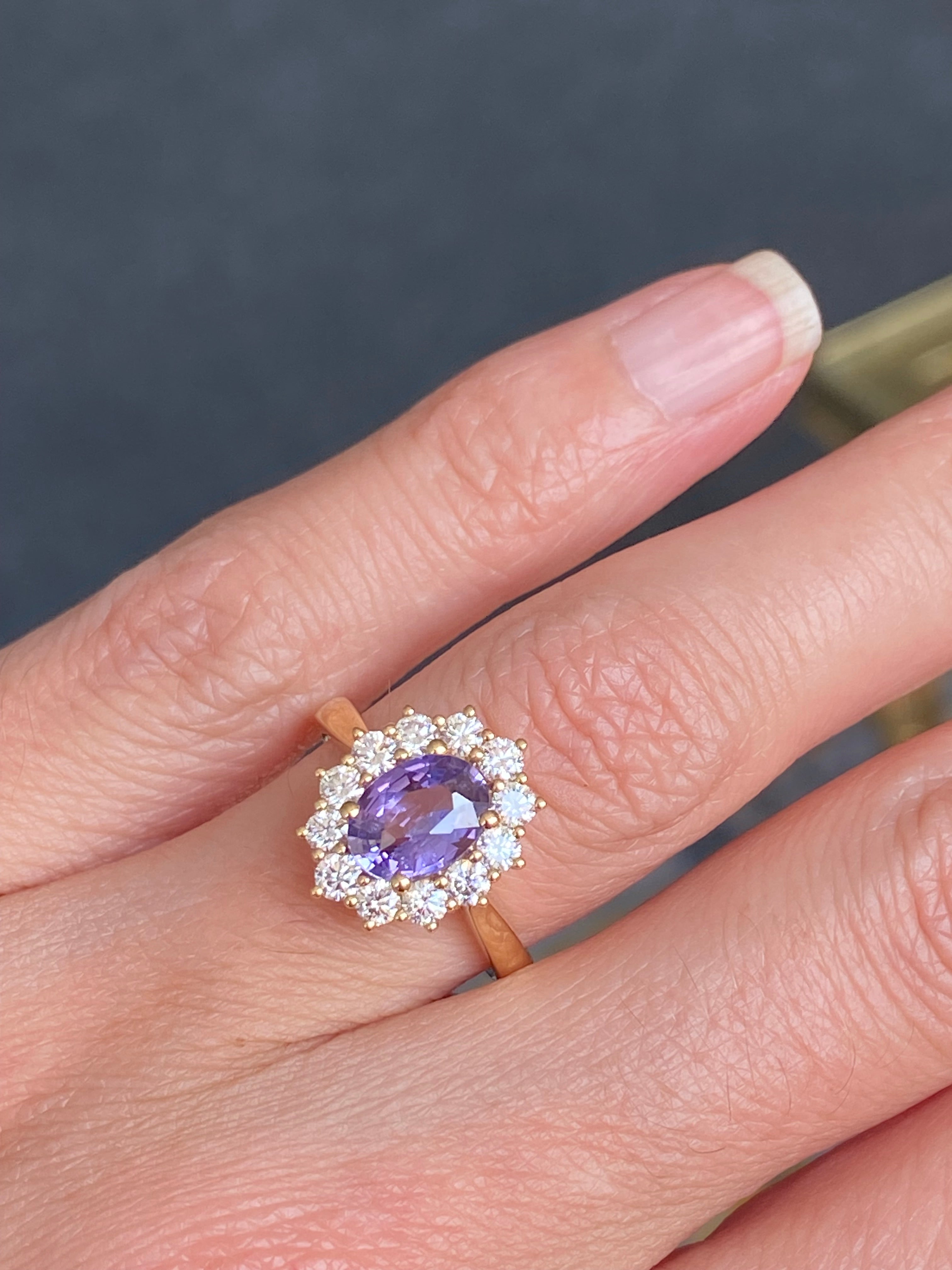 2.08 CTW Violet Sapphire and Natural Diamond Halo Ring in 18ct Yellow Gold
