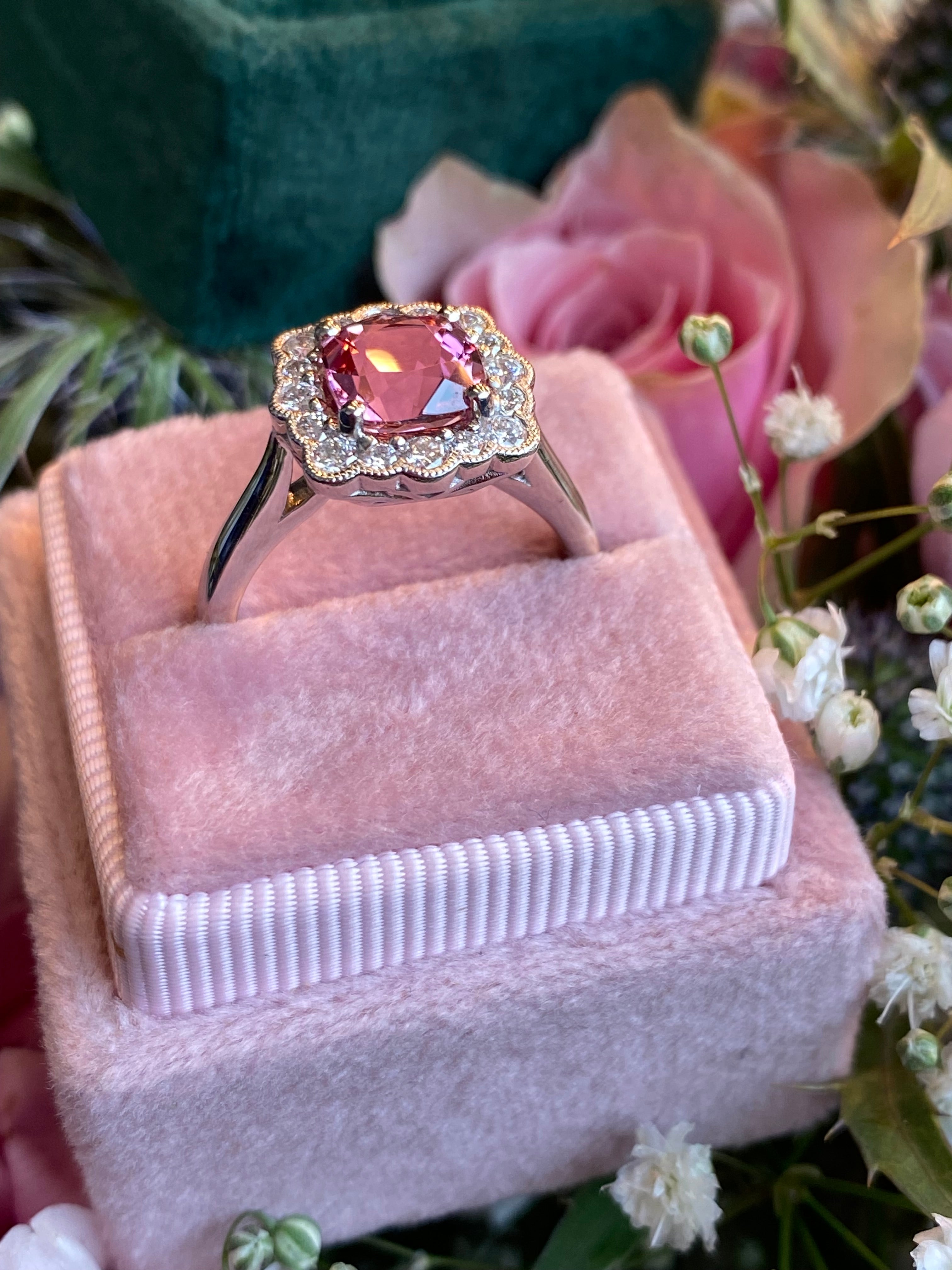 1.58 Carat Cushion Cut Pink Tourmaline and Natural Diamond Ring in Platinum