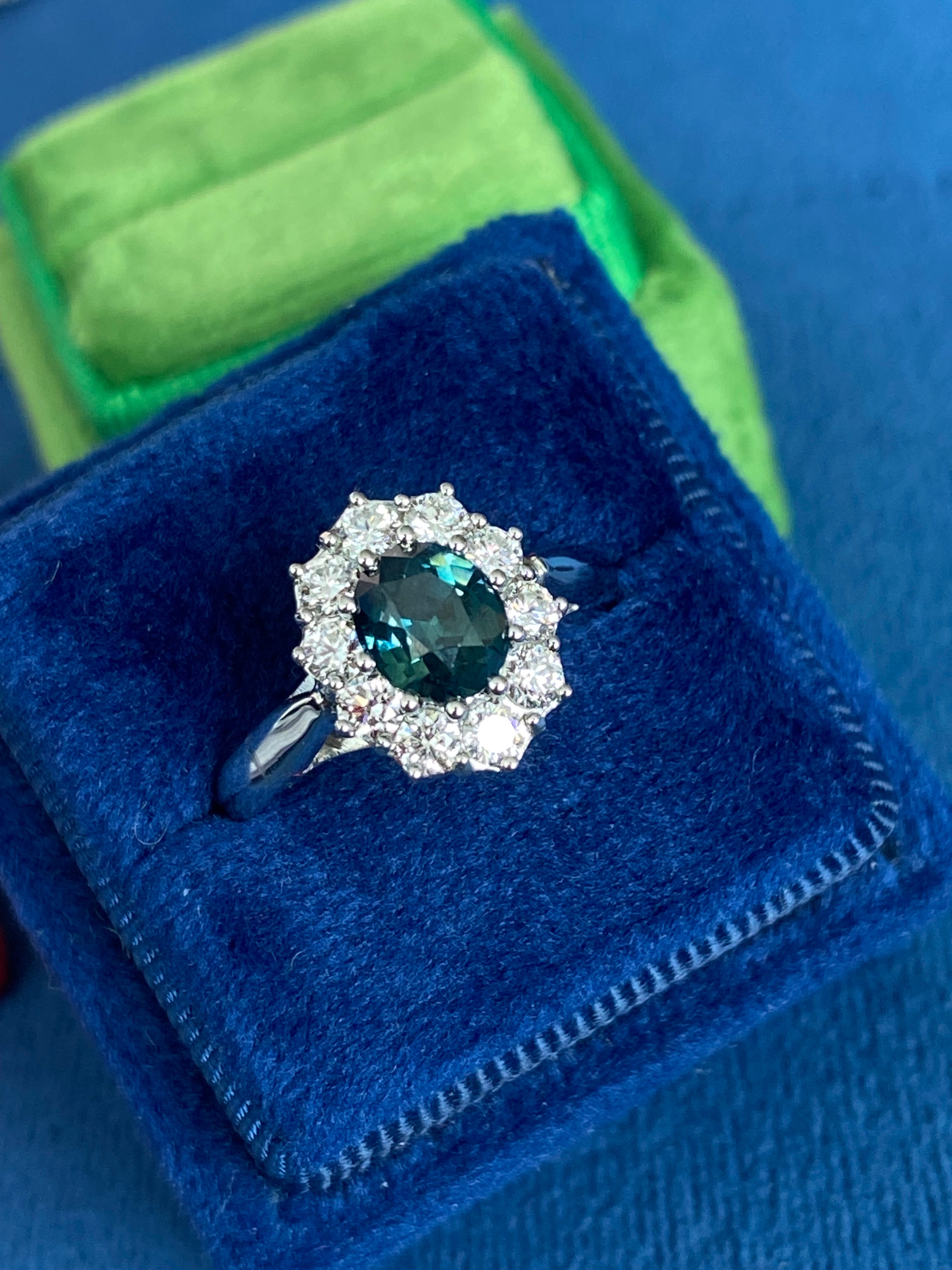 2.18 CTW Oval Cut Teal Sapphire and Natural Diamond Halo Ring in Platinum