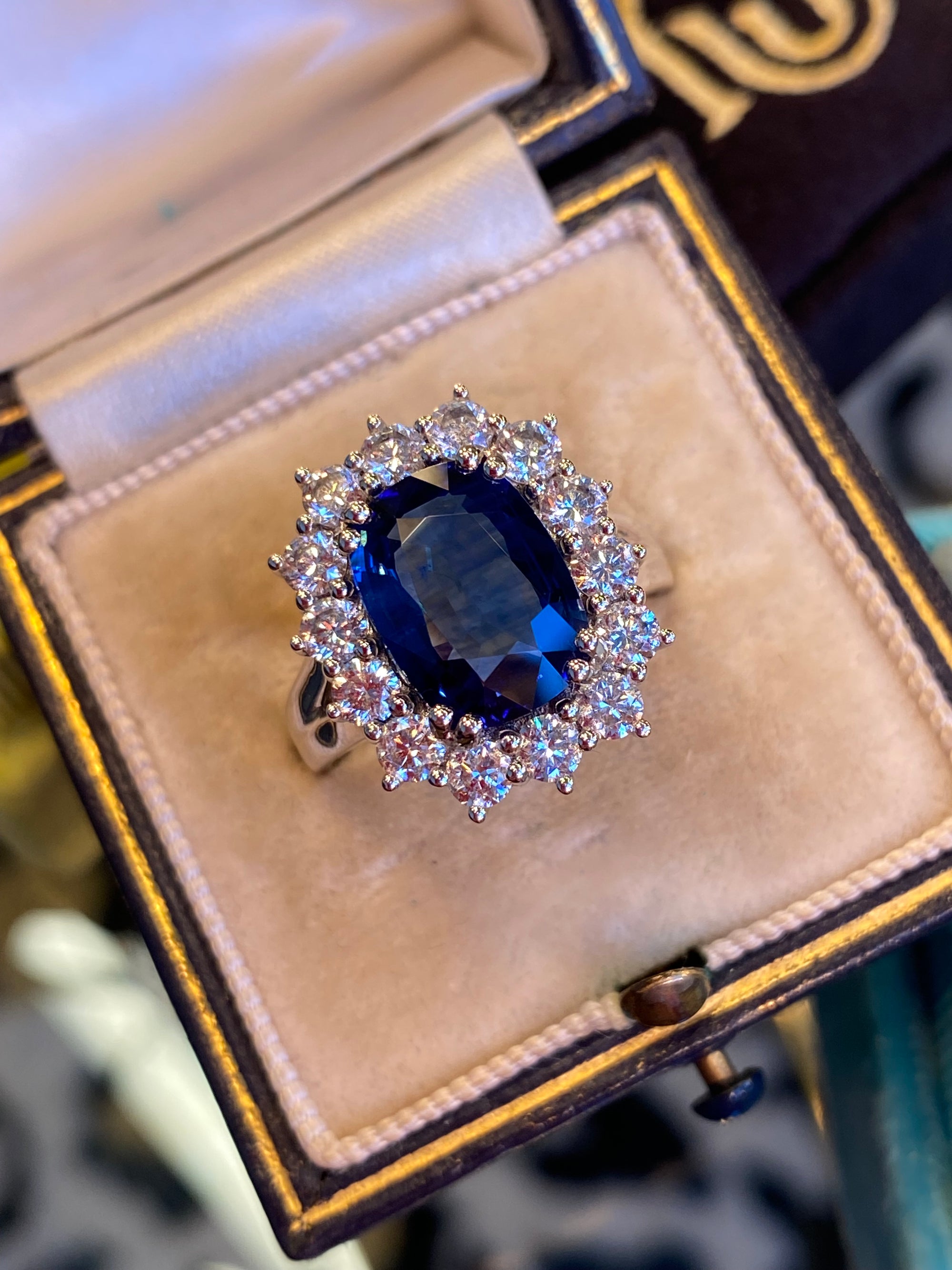4.05 Carat Blue Ceylon Sapphire and 1.38 CTW Natural Diamond Halo Ring in Platinum