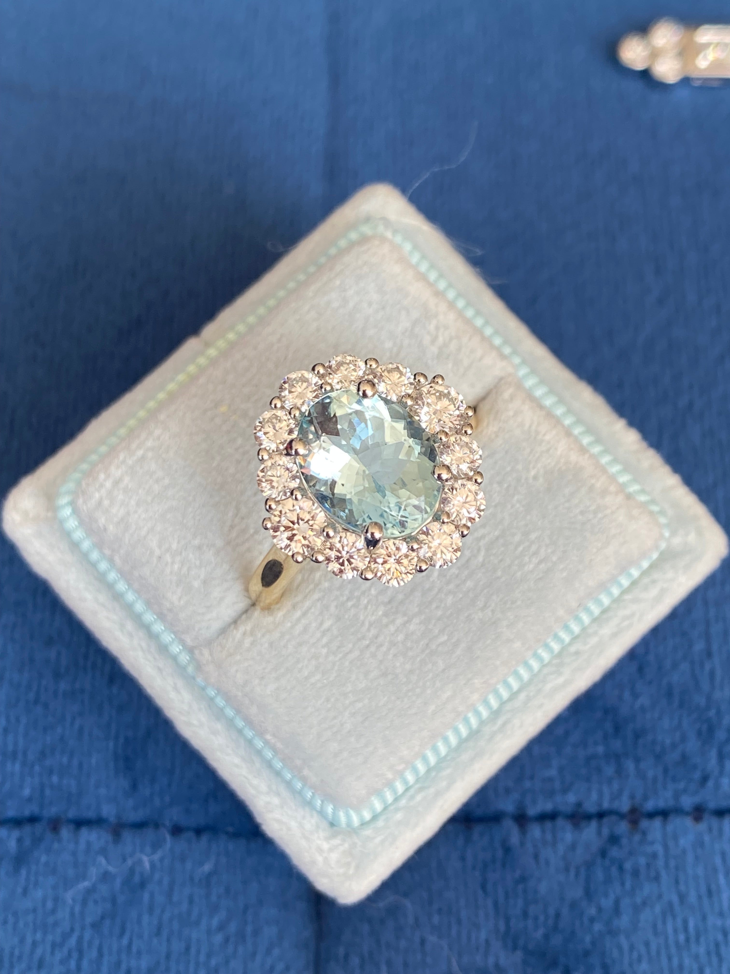 3.53 CTW Aquamarine and Natural Diamond Halo Ring in Platinum and 18ct Yellow Gold