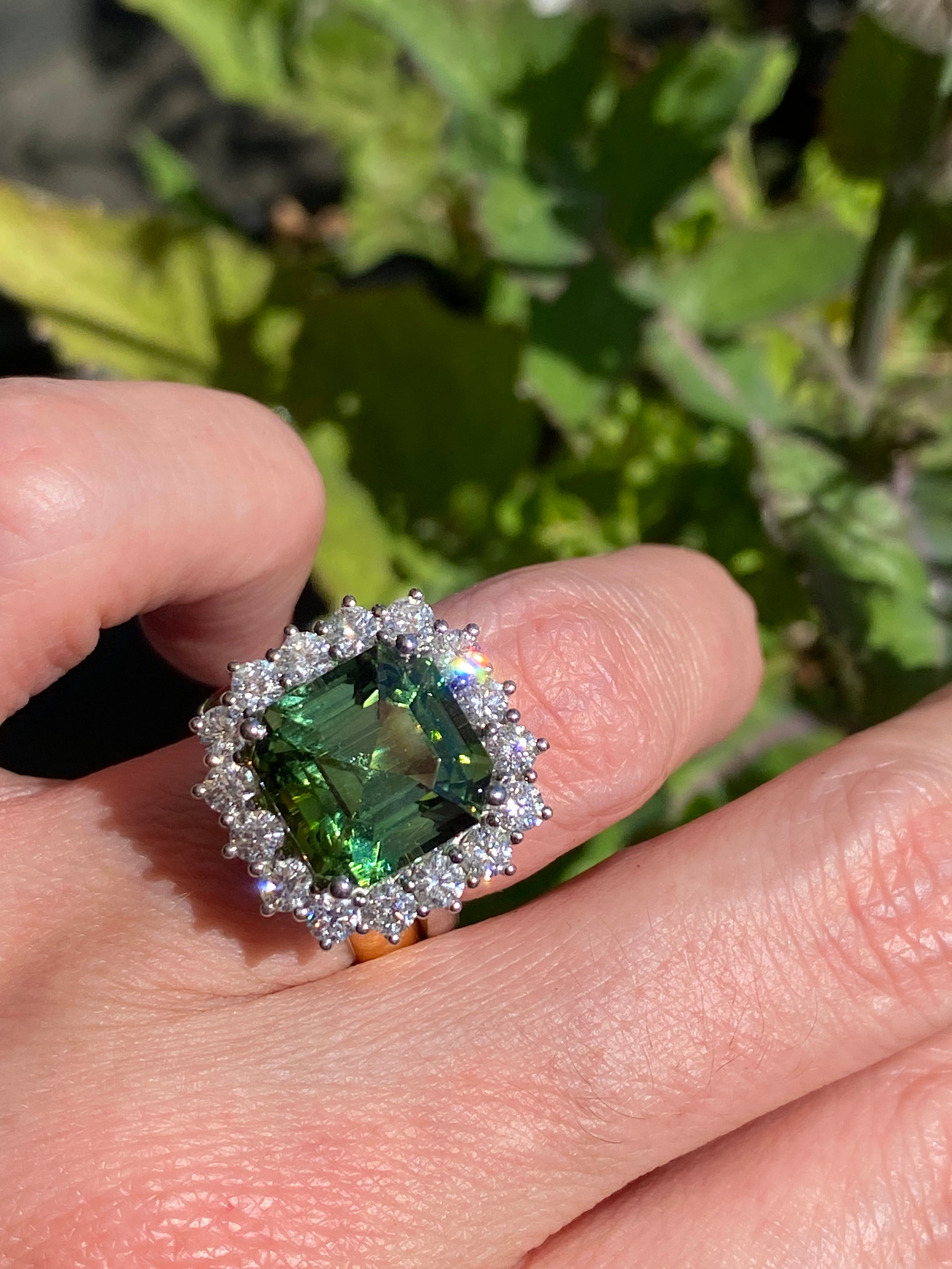 8.44 Carat Asscher Cut Green Tourmaline and 1.38ctw Natural Diamond Ring in Platinum