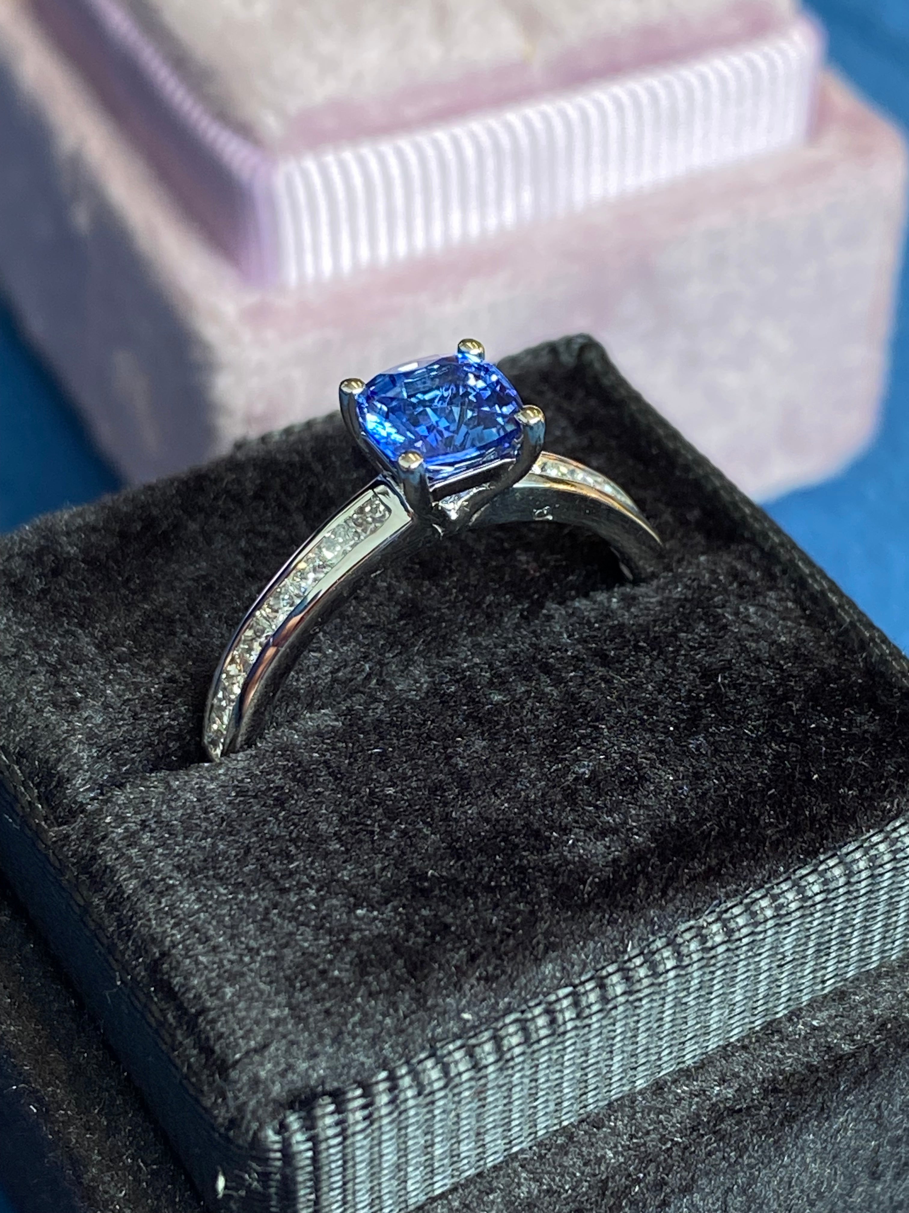 1.02 Carat Cushion Cut Blue Ceylon Sapphire Solitaire Style Engagement Ring in Platinum