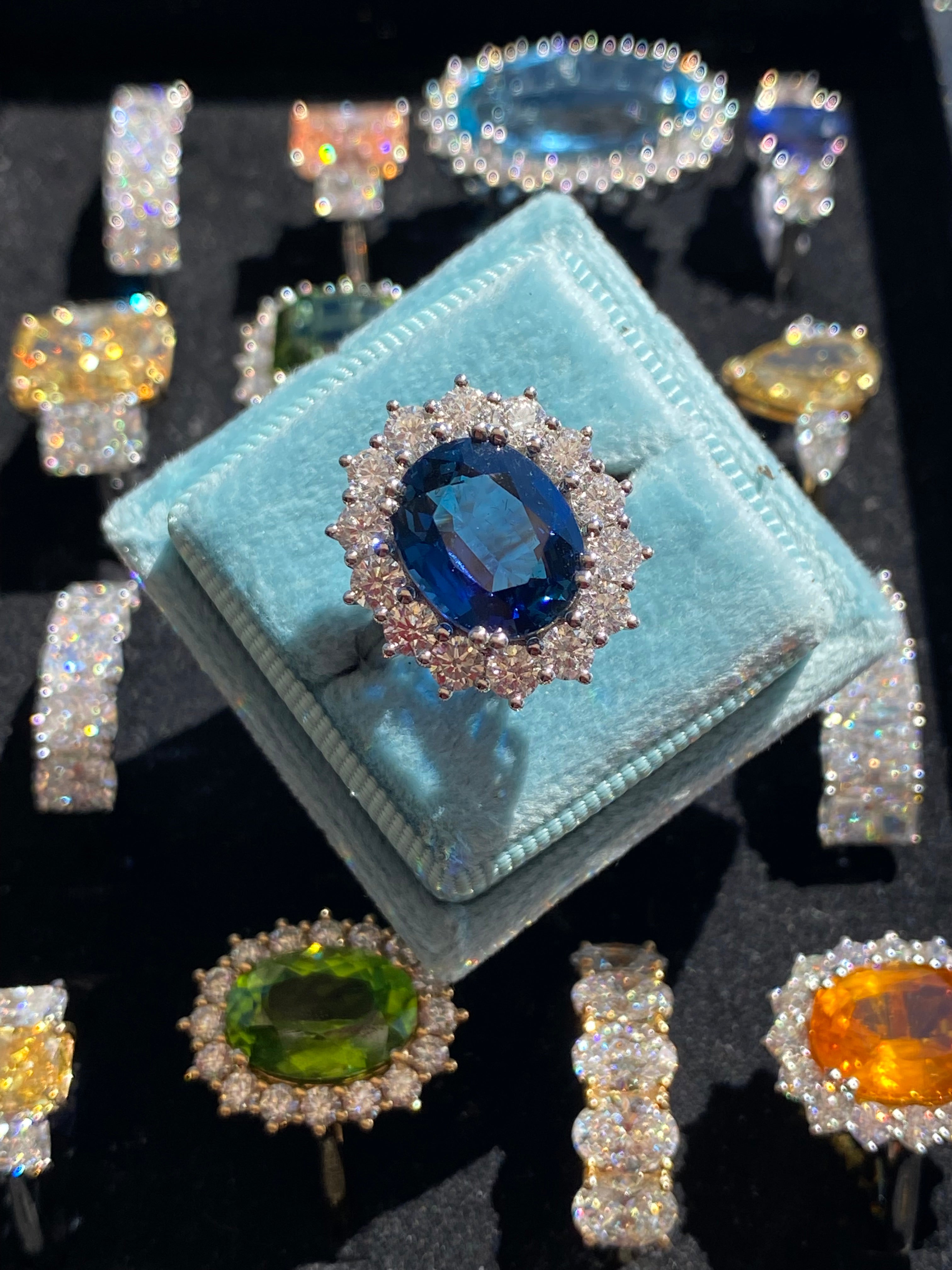 6.37 Carat Gubelin Certed No Heat Blue Ceylon Sapphire and 1.80 CTW Natural Diamond Halo Ring in Platinum