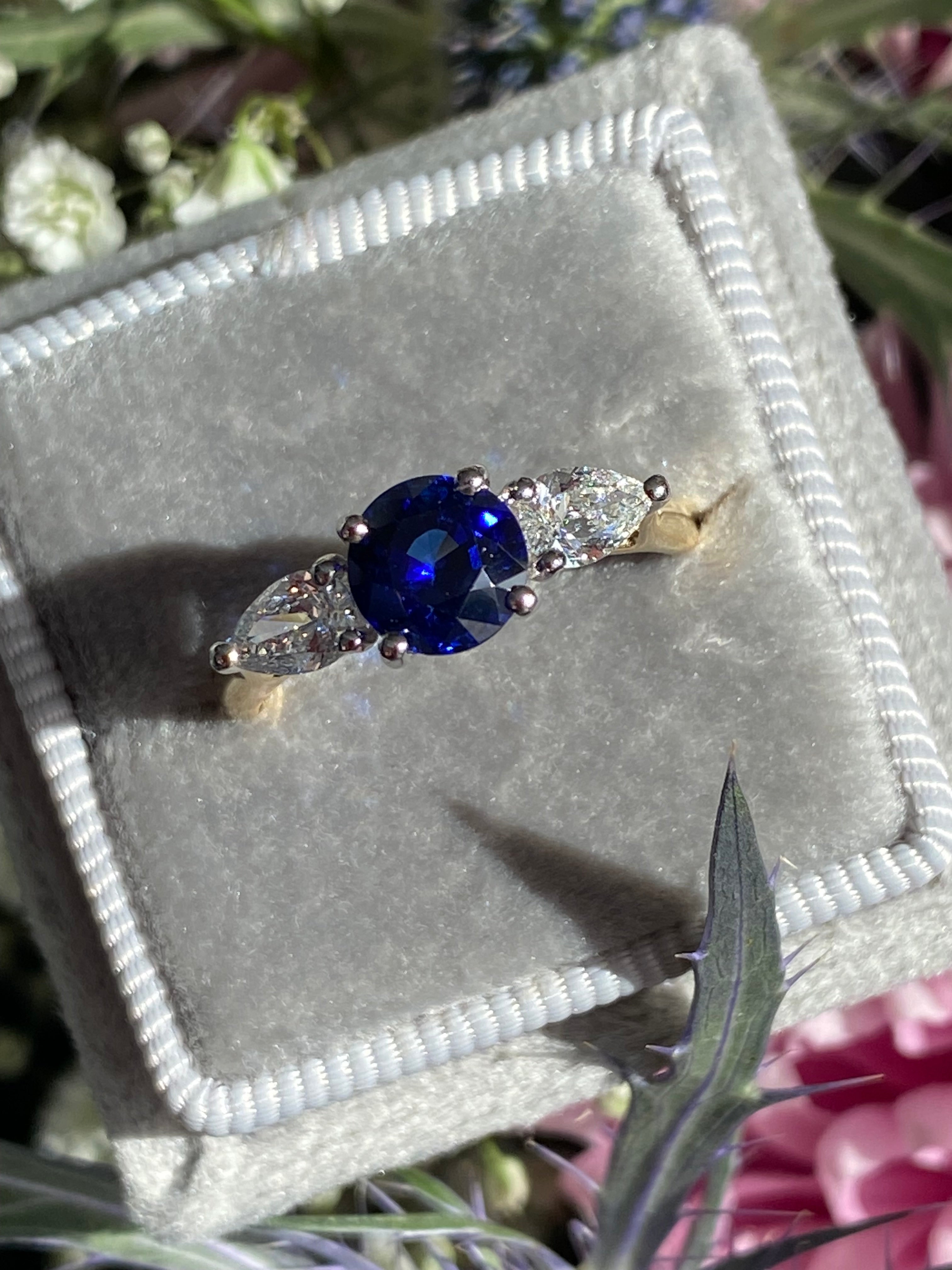 1.52 CTW Blue Ceylon Sapphire and Natural Diamond Three Stone Engagement Ring in Platinum and 18ct Yellow Gold