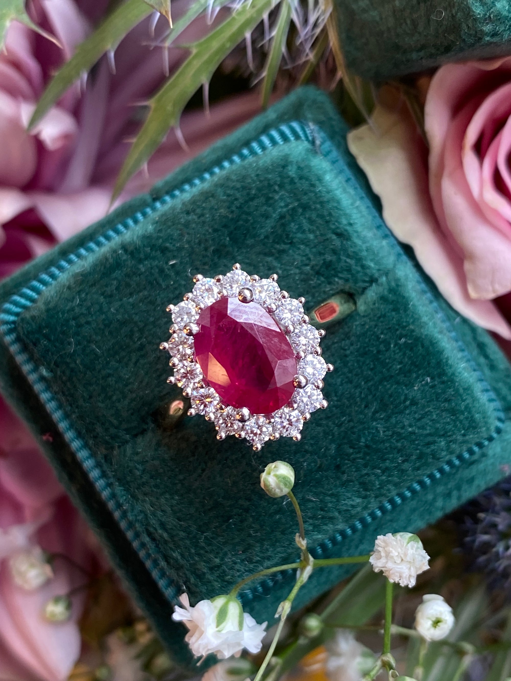 2.95ctw Oval-Cut Ruby and Natural Diamond Halo Ring in Platinum and 18ct Yellow Gold