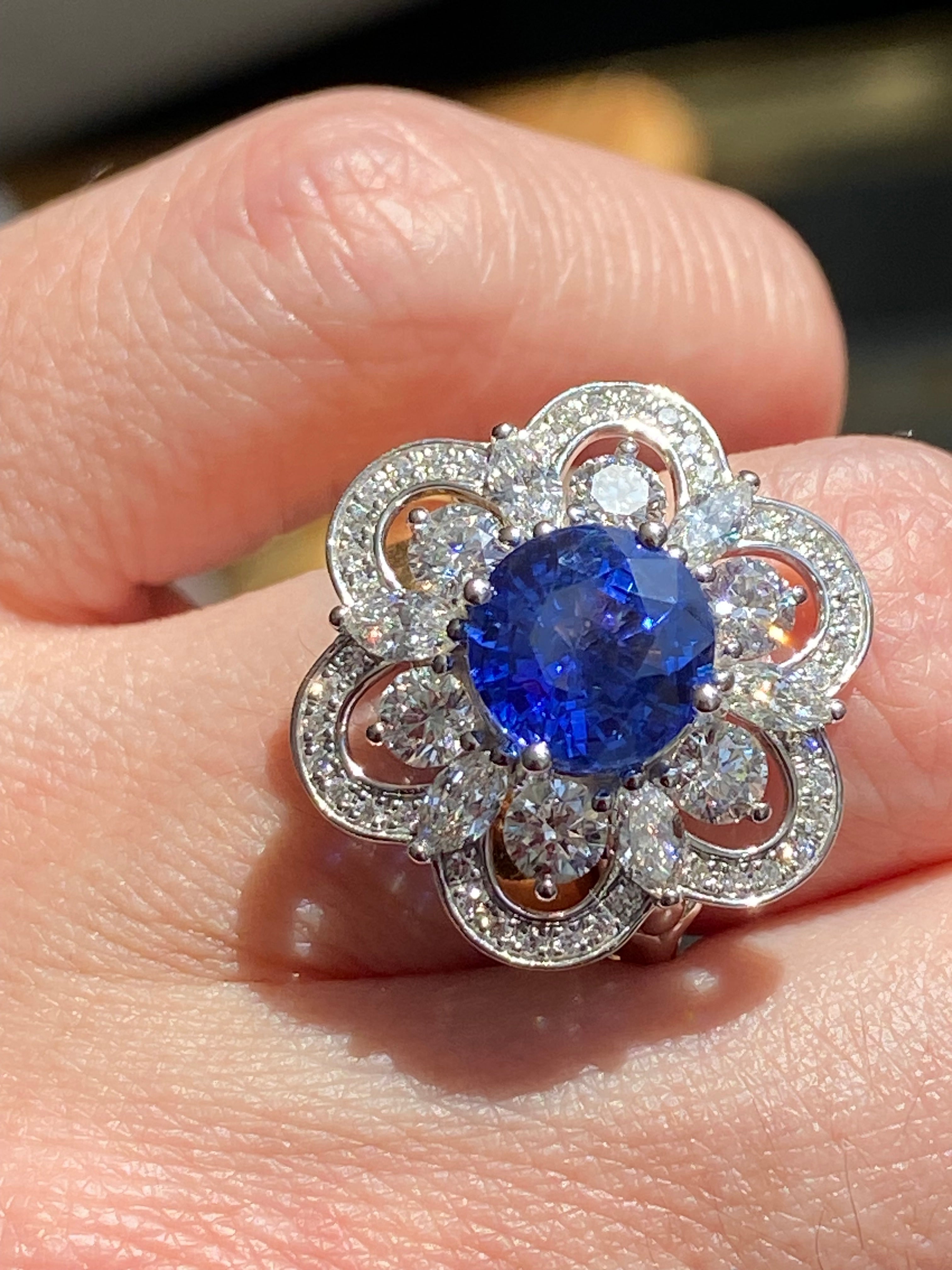 Masterpiece Showstopper 5.44 CTW Ceylon Sapphire and Natural Diamond Halo Cocktail Ring in Platinum