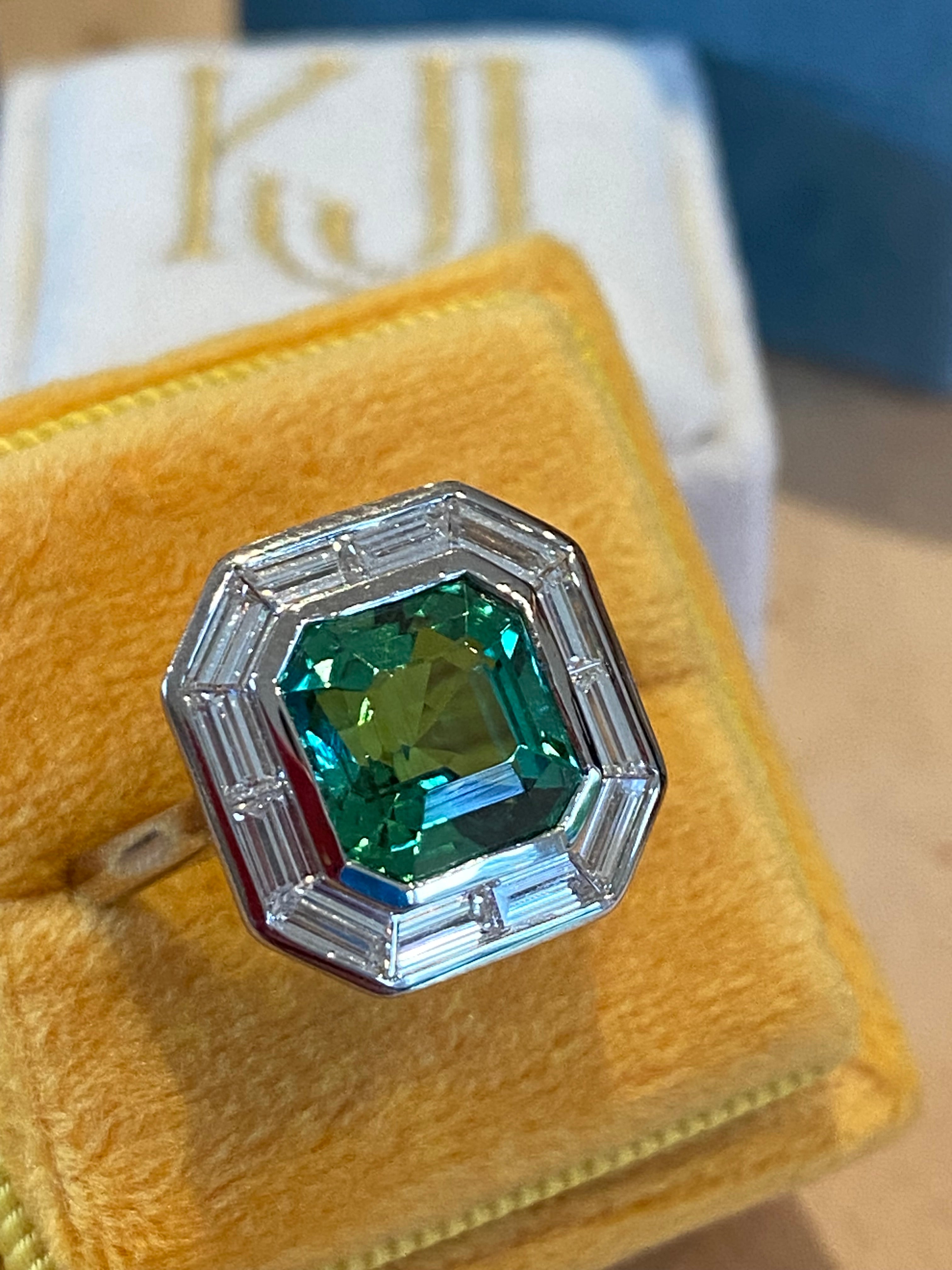3.98 Carat Mint Tourmaline and 1.15ctw Natural Diamond Ring in Platinum