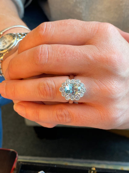 4.09 CTW Oval Cut Aquamarine and Natural Diamond Halo Engagement Ring in Platinum