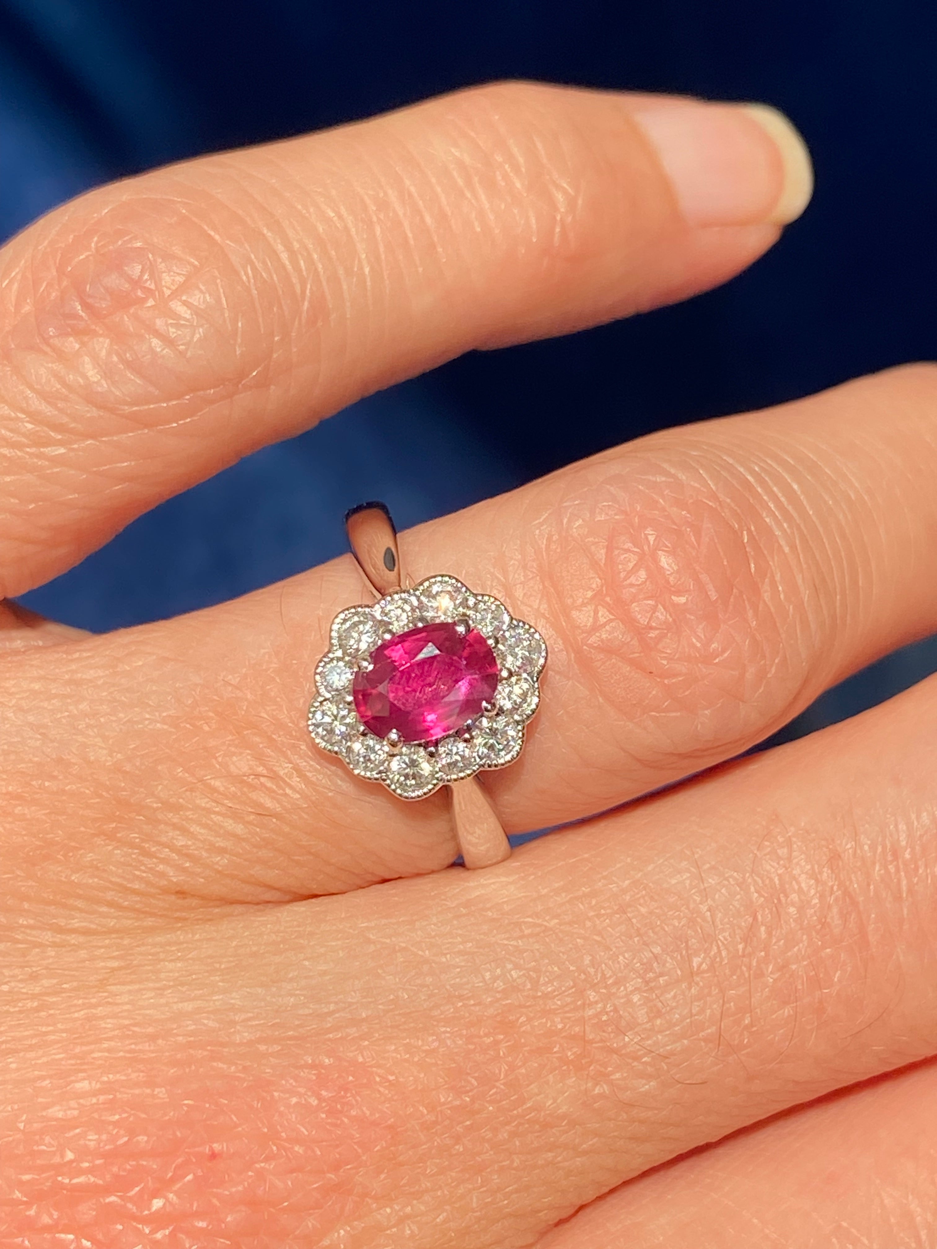 1.49 CTW Ruby and Natural Diamond Halo Ring in 18ct White Gold