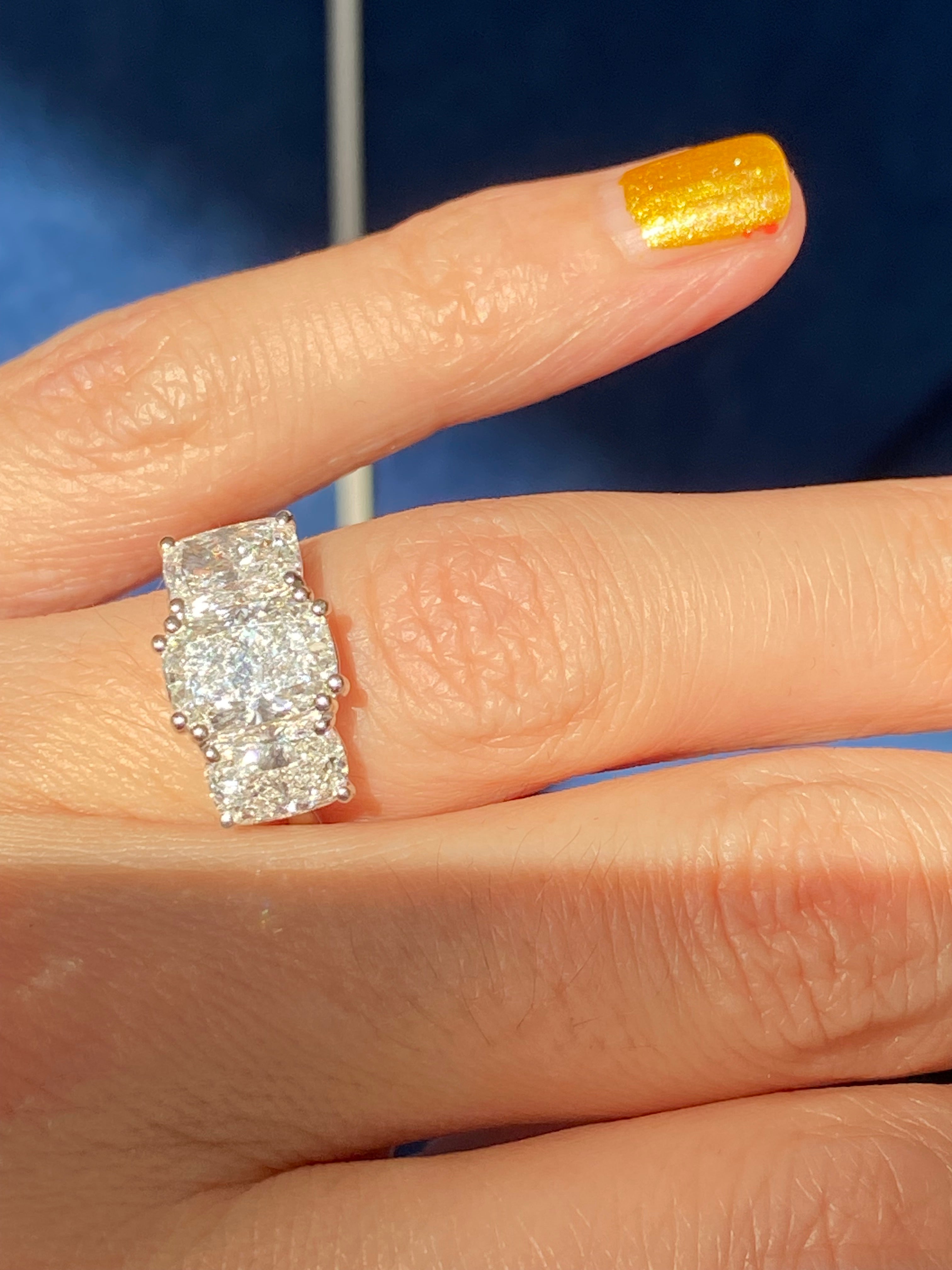 4.10 CTW Cushion Cut D Colour VS1 Lab Diamond Three Stone Ring in Platinum