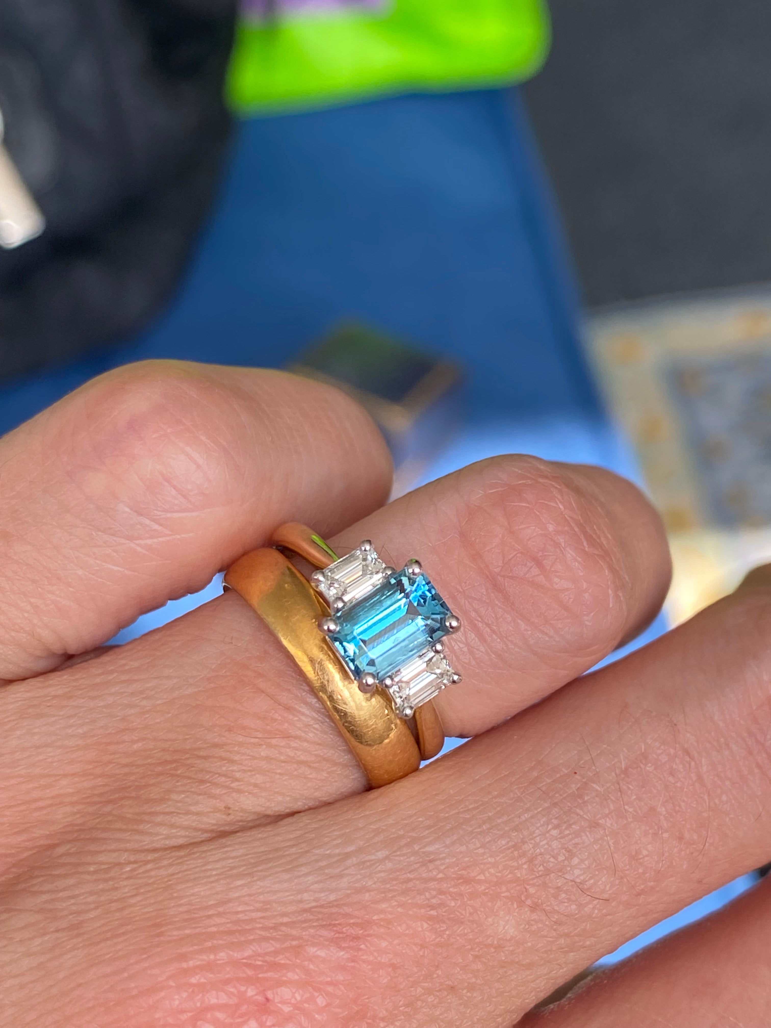 1.73 CTW Aquamarine and Natural Diamond Three Stone Ring in Platinum and 18ct Yellow Gold