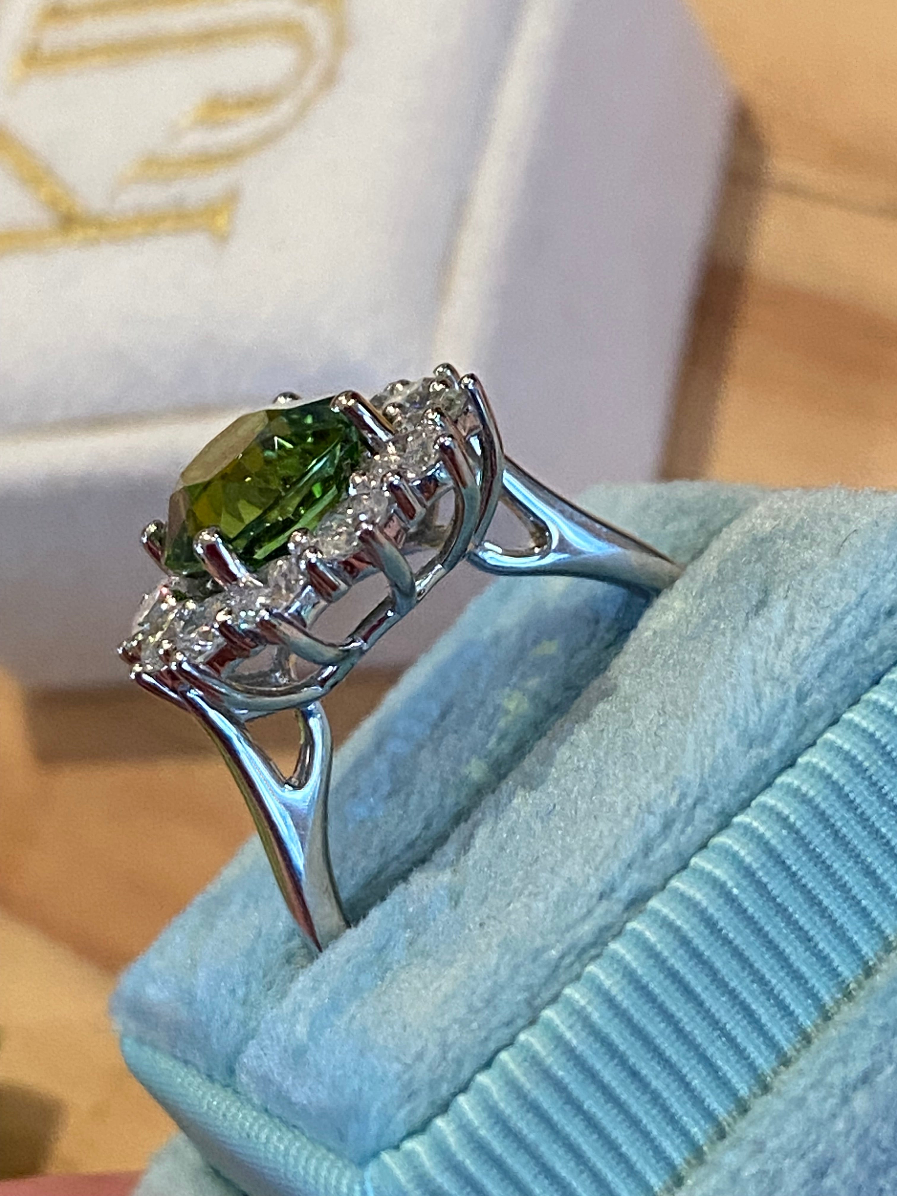 4.99 CTW Green Tourmaline and Natural Diamond Halo Ring in Platinum