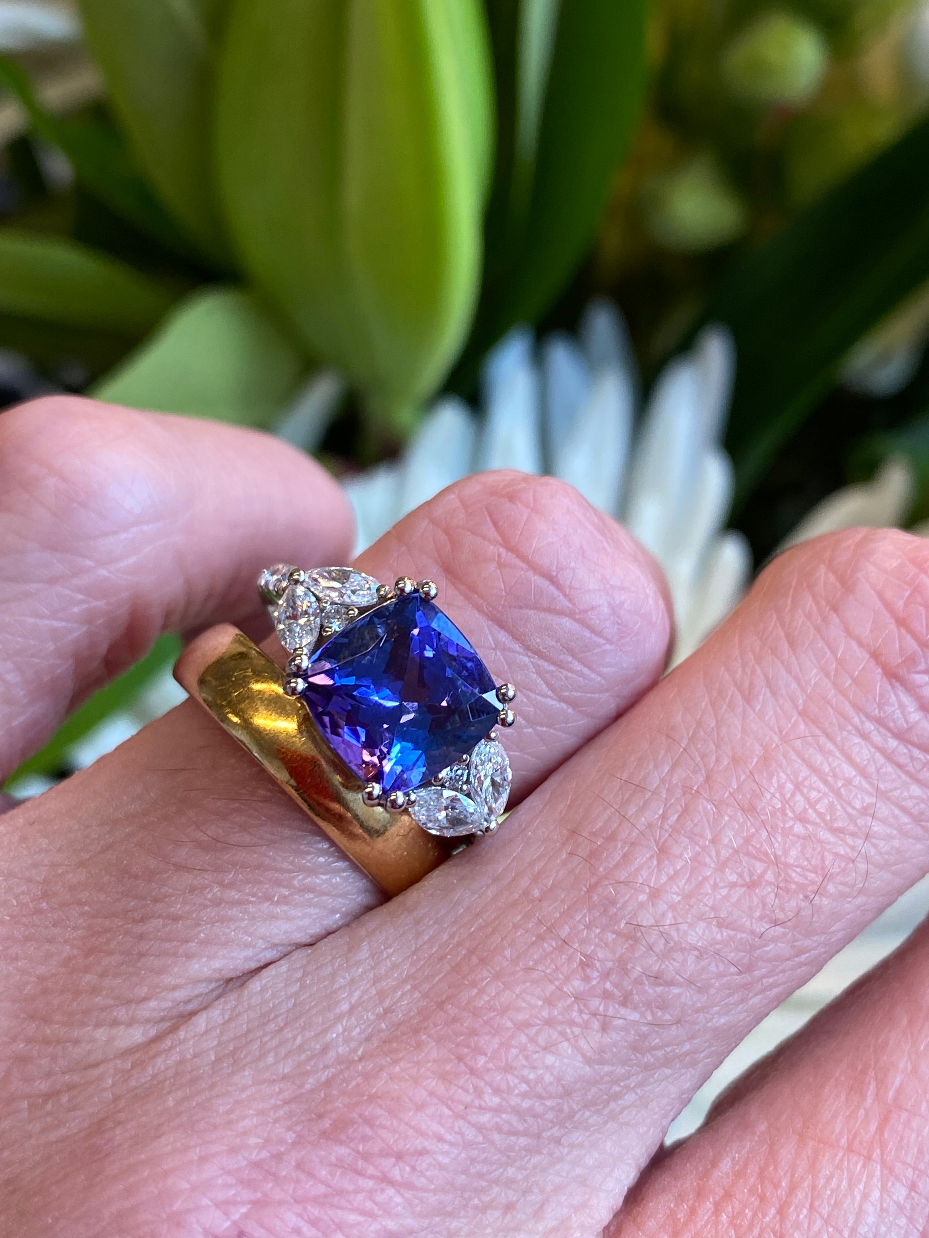 3.76 CTW Cushion Cut Tanzanite and Diamond Ring in Platinum